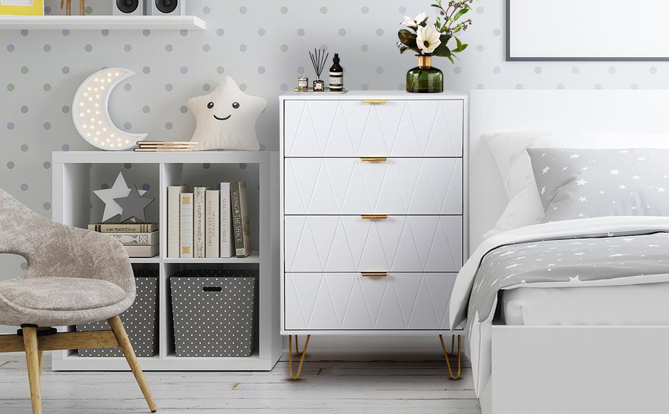 UEV 4 Drawer Dresser White with Gold Handles, Drawer Chest Tall Storage Dresser Cabinet Organizer Unit with Gold Metal Legs for Bedroom, Living Room