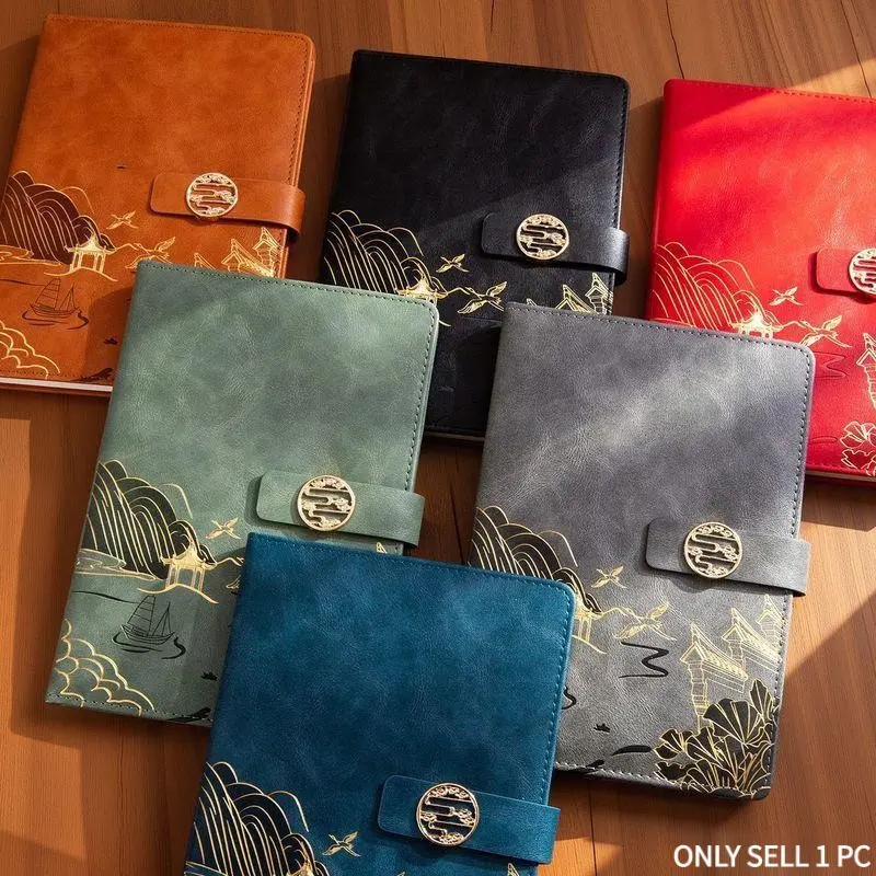 Chinese Traditional Crane & Mountain Notebook Gift Set - Luxury Faux Leather Journal with Gold Embossing, Business Planner & Pen Set - Elegant Oriental Stationery for Office, Gifts & Collectors