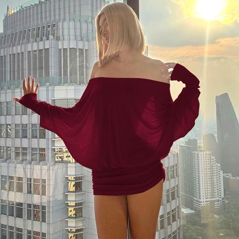 Women's Sheer Ruched Party Dress, Off-The-Shoulder Long Sleeve Women's Mini Dress for Spring & Fall