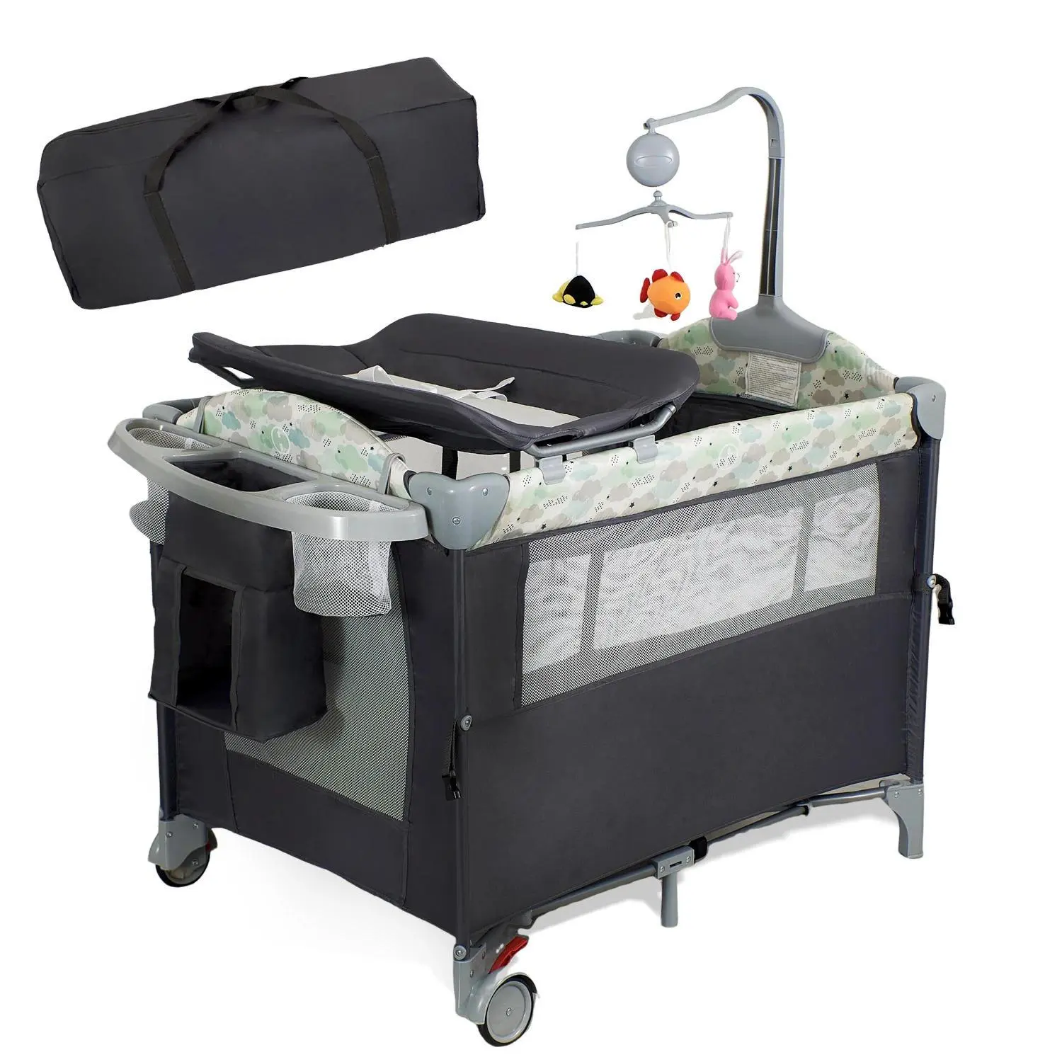 Baby Playard, 4 in 1 Pack and Play with Bassinet, Portable Foldable Infant Playpen, Changing Table, Mattress Included, Lockable Wheels, Music Toy Bar, Storage Bag, Travel Baby Bed for Newborn Infant Toddler