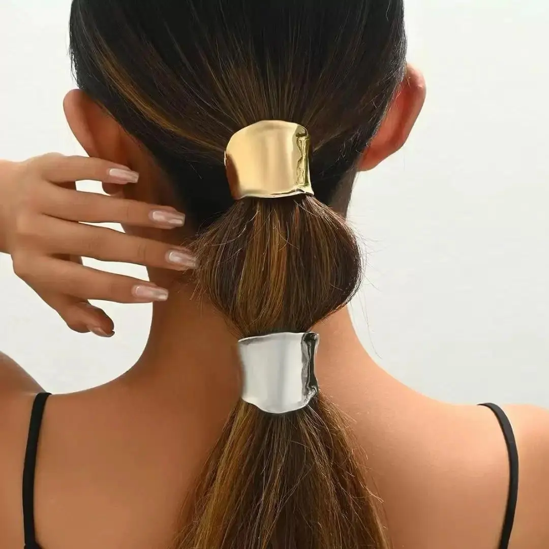 Women'S Simple Gold/Silver Metal Elastic Ponytail Holder, Fashion Design, Multifunctional Hair Accessory