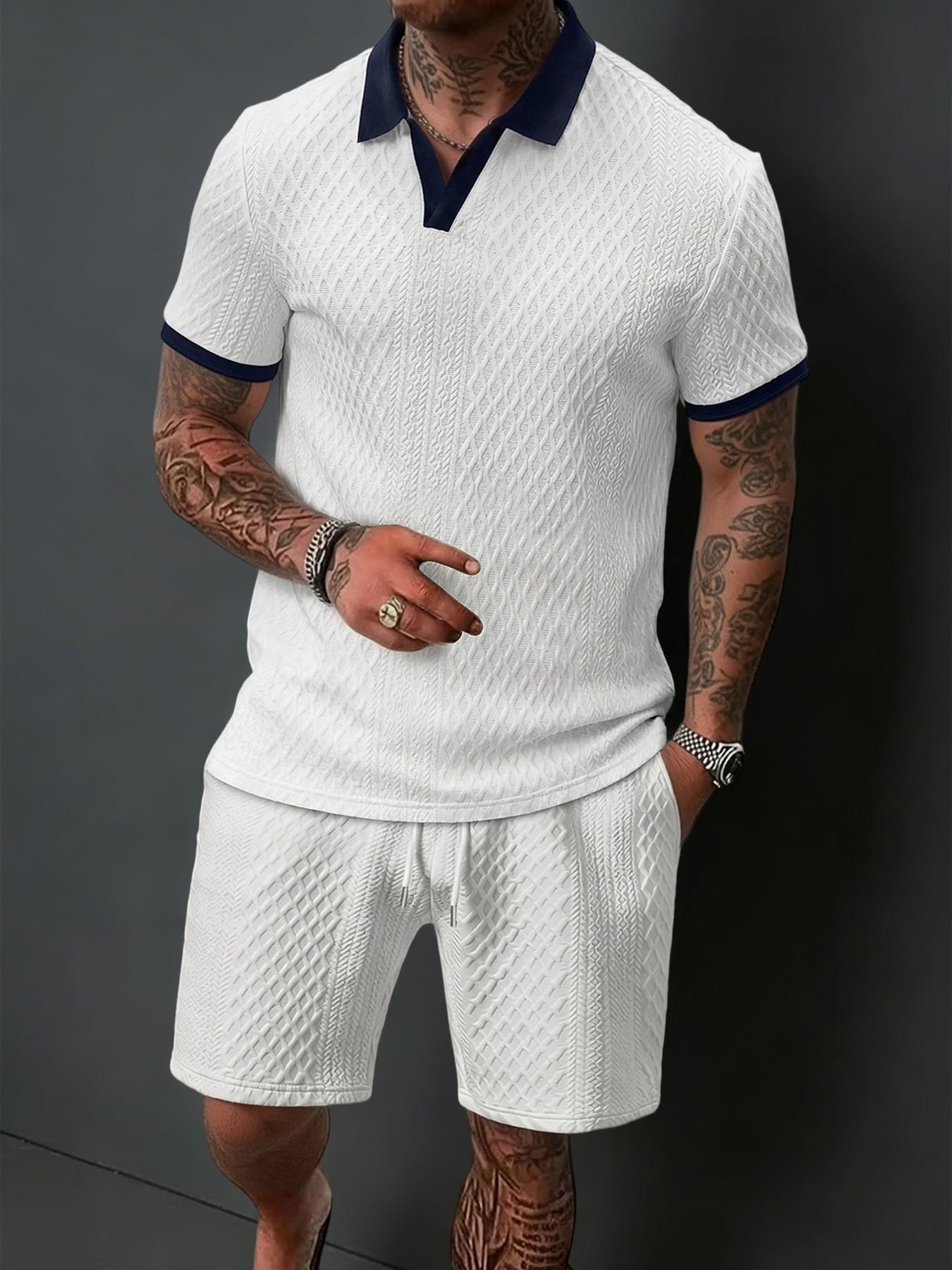 Men's Fashion Patchwork Collar Buttonless Short Sleeve Polo Shirt + Textured Drawstring Shorts, Breathable Fabric, Casual Business Wear