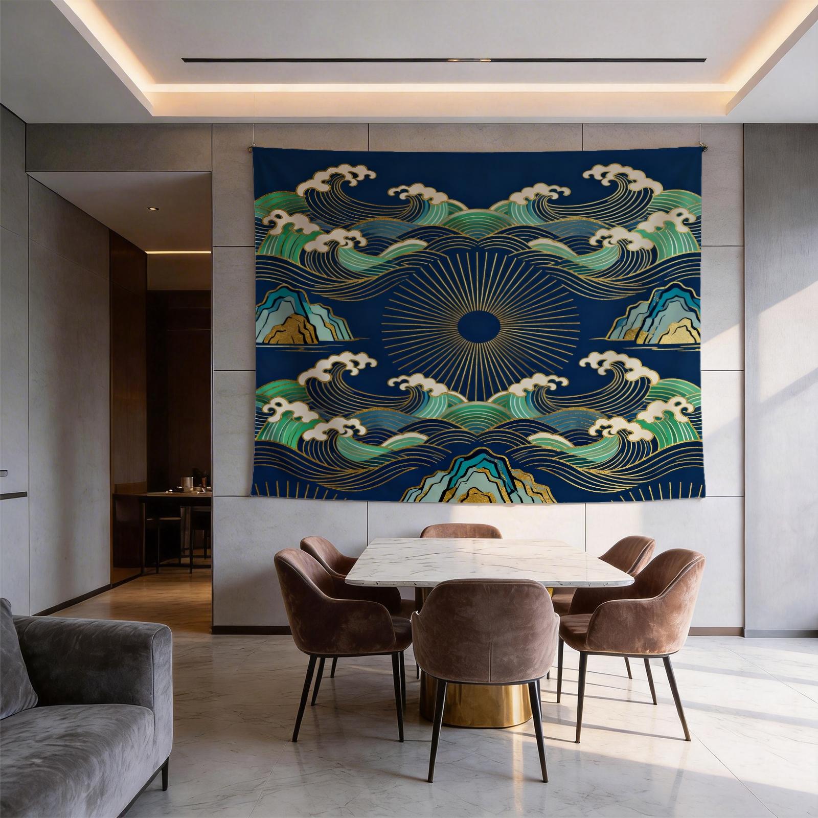 1 Piece Japanese Wave Sun Tapestry, Navy Blue Gold Foil Great Wave HD Digital Print Wall Hanging, Boho Polyester Tapestry, Lightweight Fade-Resistant, Easy to Hang for Bedroom, Living Room & Dorm