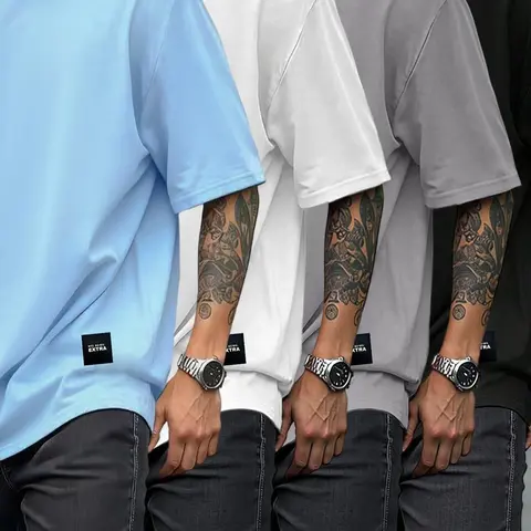 Men's Classic Solid Color Short Sleeve 4-Pack, Round Neck T-Shirts, Loose-Fit Casual Wear, Summer Essential Outdoor Clothing, Menswear