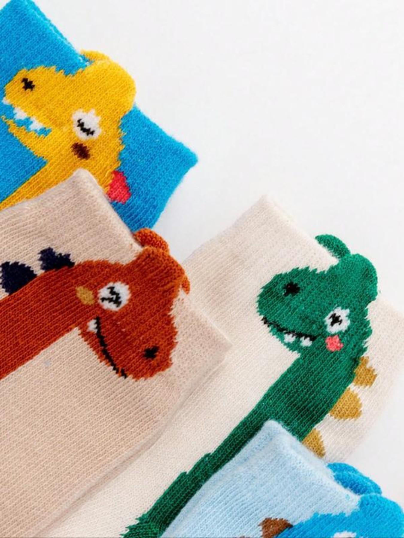 10 Pairs Boys' Crew Socks, Spring & Fall Comfortable Soft Cartoon Dinosaur Pattern, Kids Student Socks, Breathable Sporty Socks