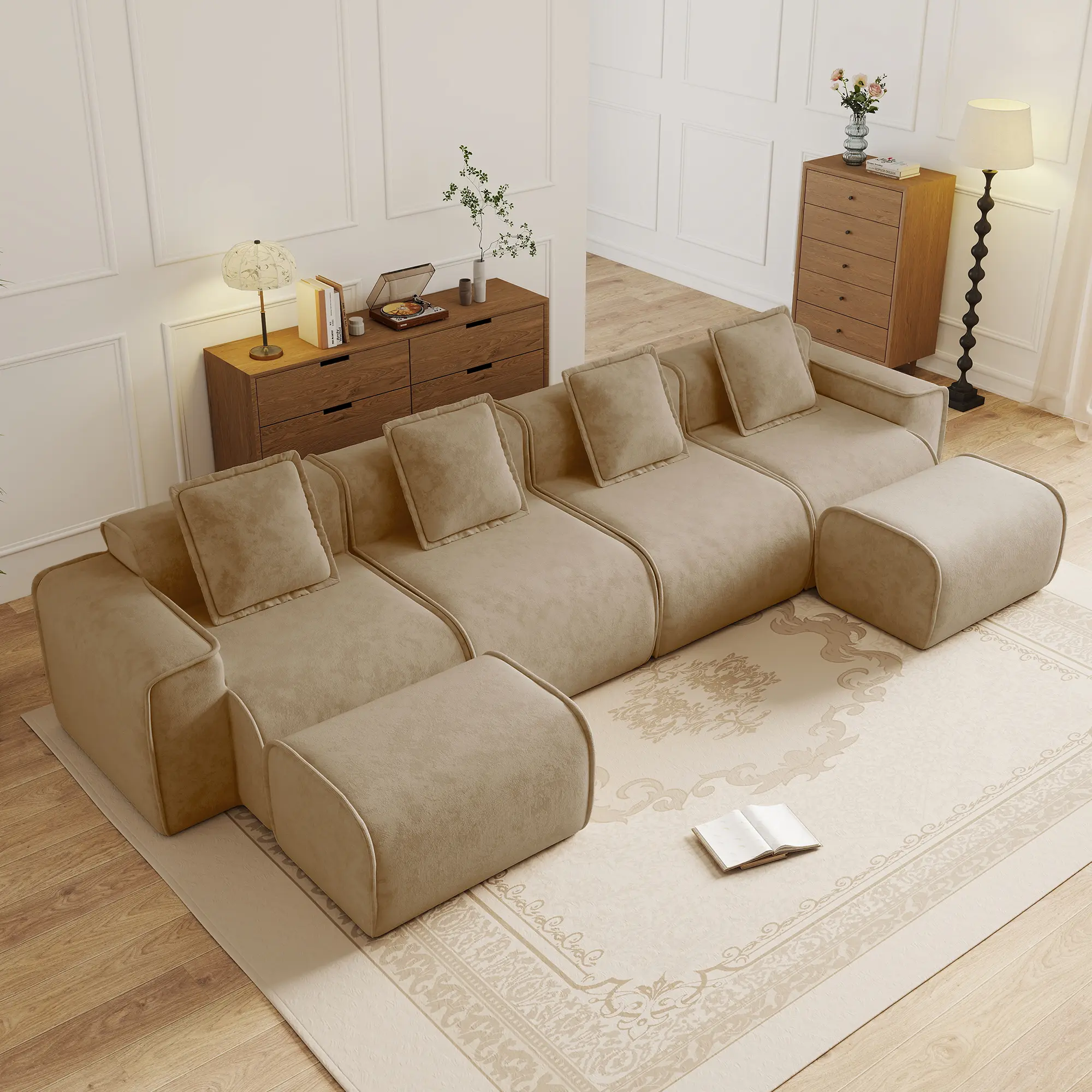 Nokaa 4-Seat Modular U-Shape Brown Velvet Sectional Sofa - French Edge Piping, No Assembly Needed, Throw Pillows Included, 2 Movable Ottomans, Living Room Couch Set for Apartment, Family Room, Four Seats