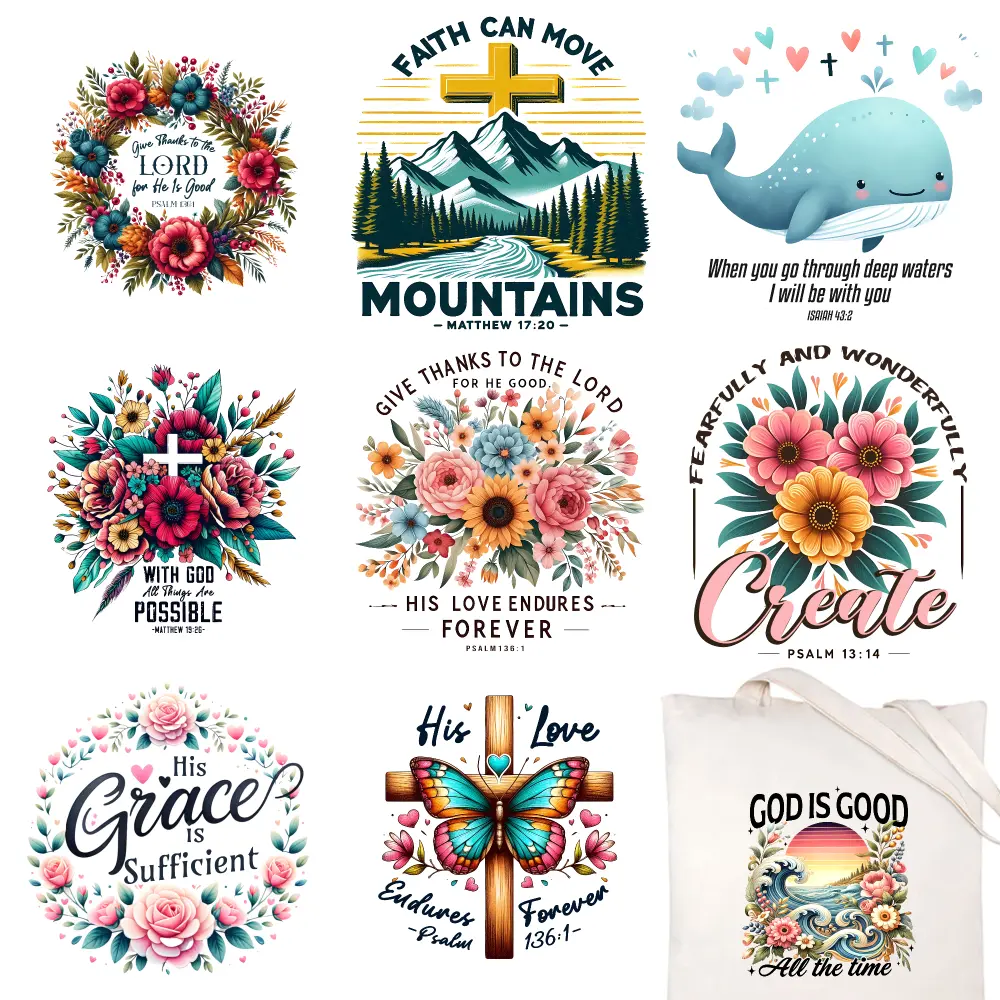 9-Pcs Faith-Themed Iron-On Transfers - Whale Motif, Cross, Butterfly, Floral, Mountains Designs, Transfer Stickers, Machine Wash Safe Iron-On Paper for Hoodie DIY Crafts & Clothing Decor