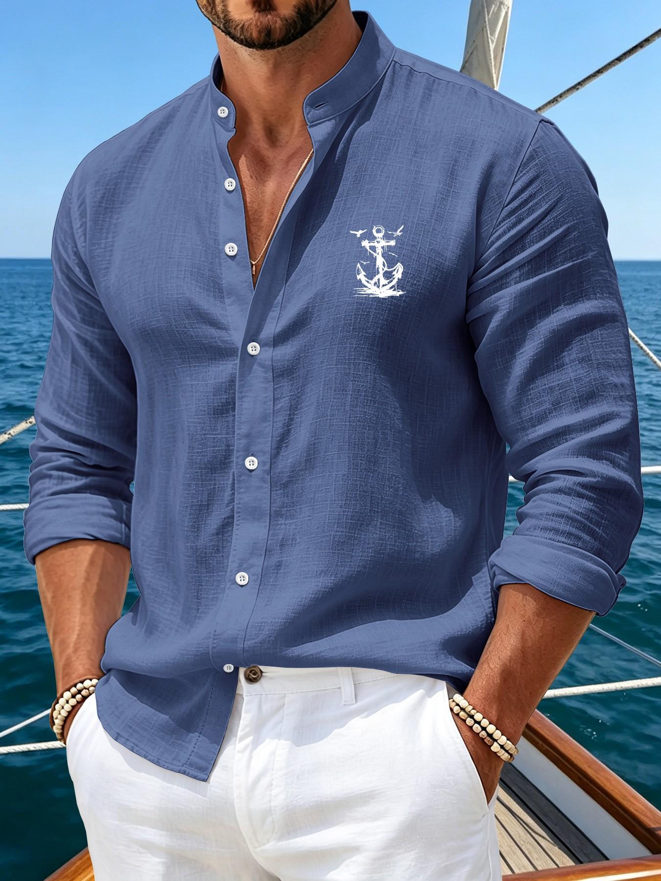 Men's Fashion Business Casual Long Sleeve Shirt with Anchor Print and Faux Linen Look, Slim Fit for Autumn and Spring Office Wear, Versatile Daily Attire