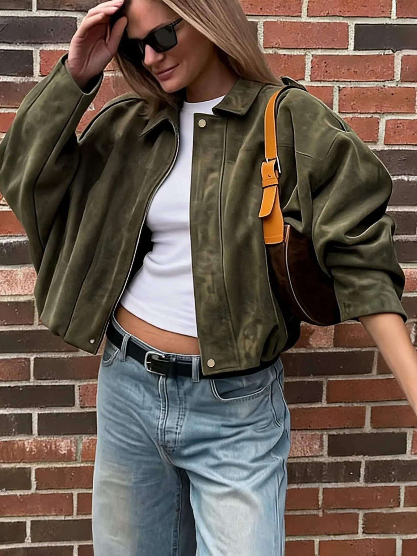 Vintage Military Short Jacket for Women, Lapel Zipper Loose Shoulder American Workwear Jacket, Stylish and Comfortable Outerwear