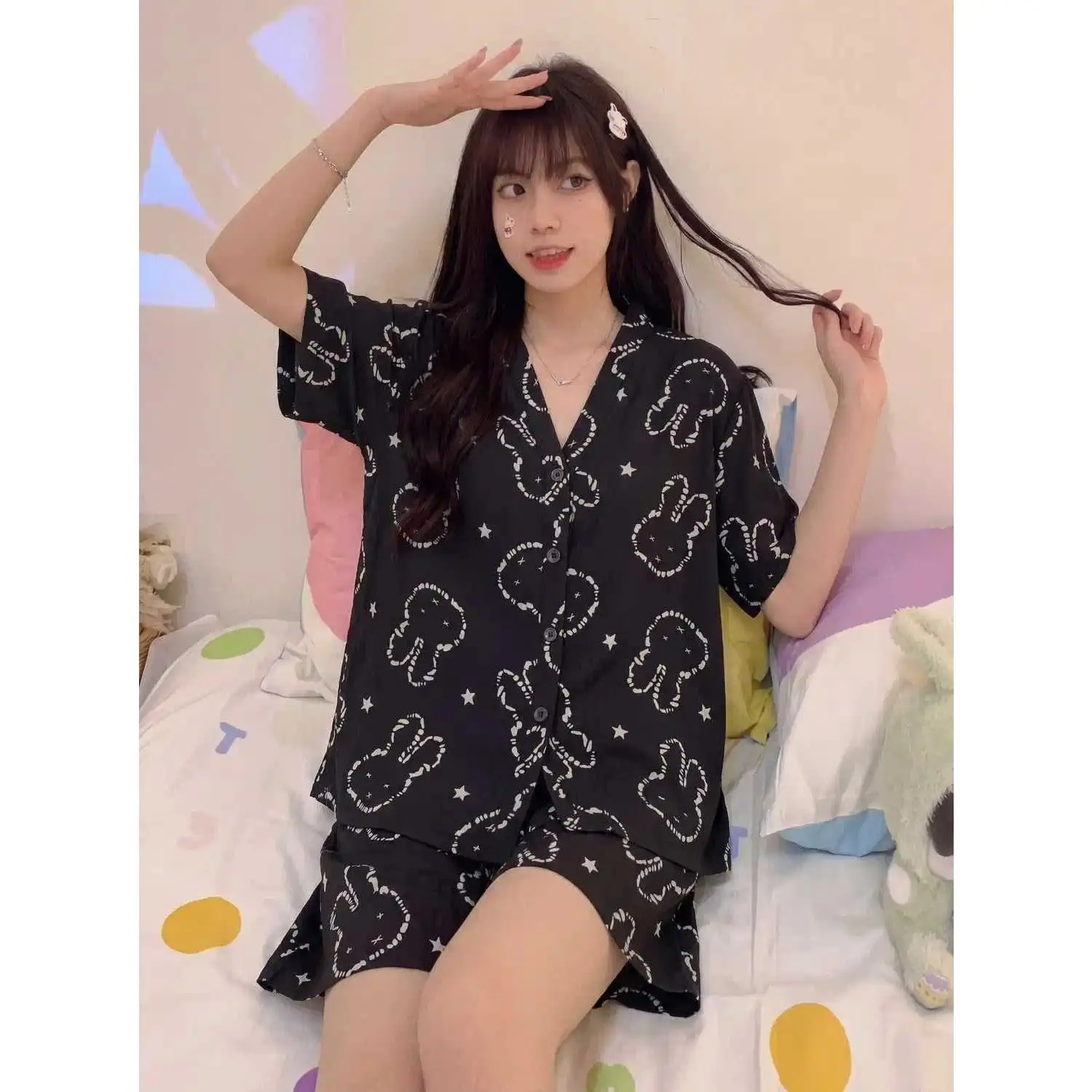 Kawaii Miffy Pajamas Cute Cartoon Girl Style Black Miffy Short-sleeved Short Pants Breathable Home Wear