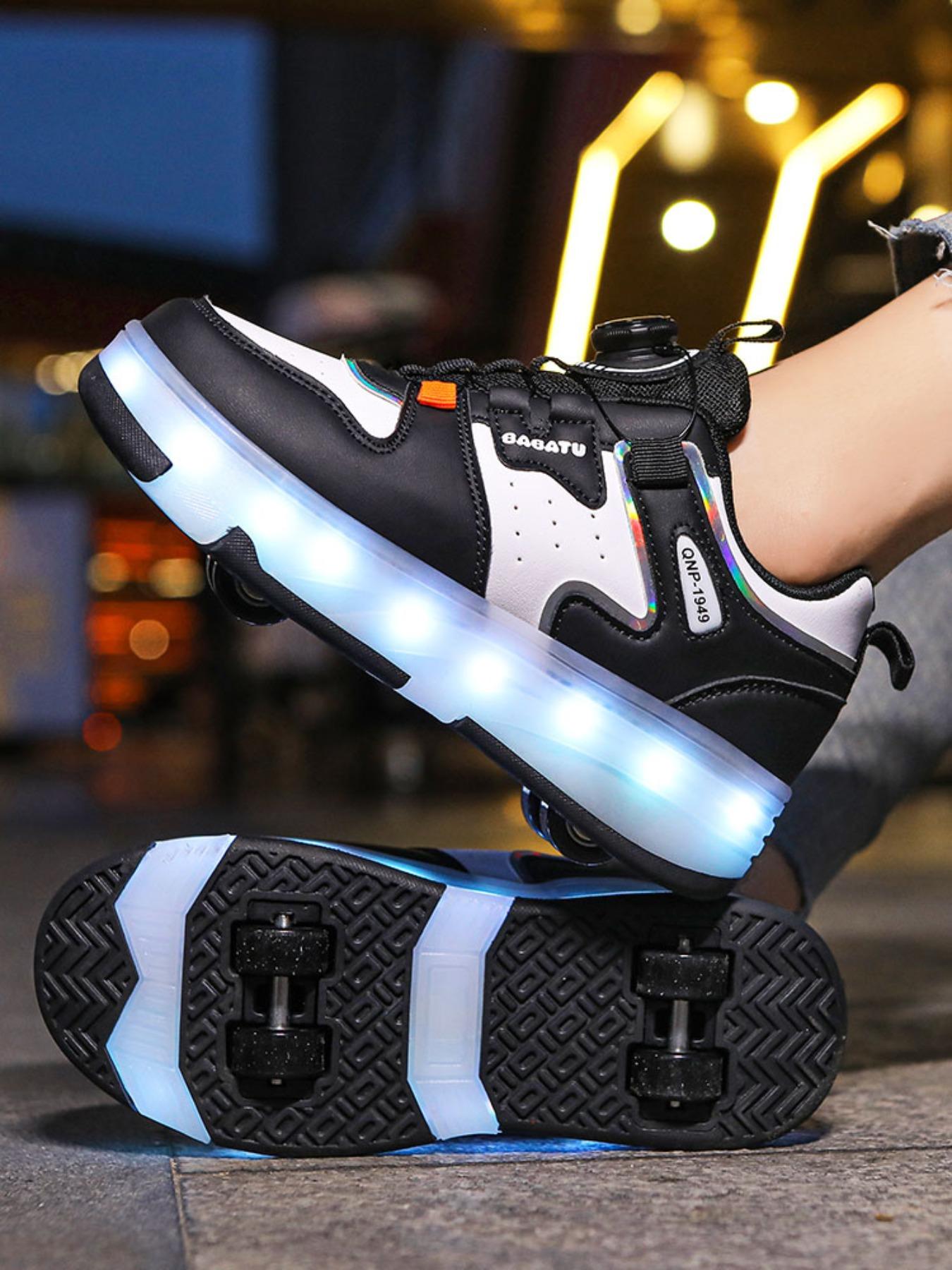 Girls' Four-Wheel Roller Skates, Adjustable LED Light-Up Shoes, PU Leather, USB Charging, Detachable Wheels, All-Season Casual Style