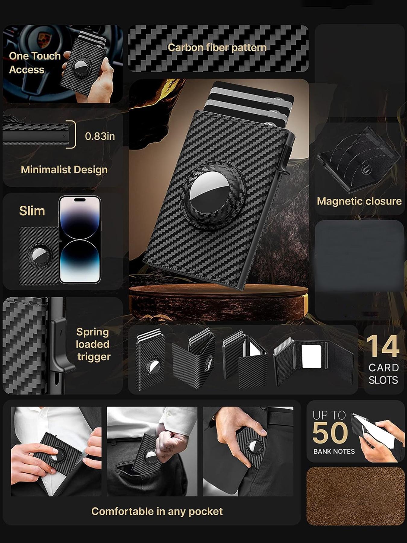 Men's Smart Wallet for AirTag: Leather/Carbon Fiber, RFID, Slim (9-14 Cards), ID/Cash Slot (AIRTAG NOT INCLUDED) wallet men Business Minimalist Bifold SpringStatements