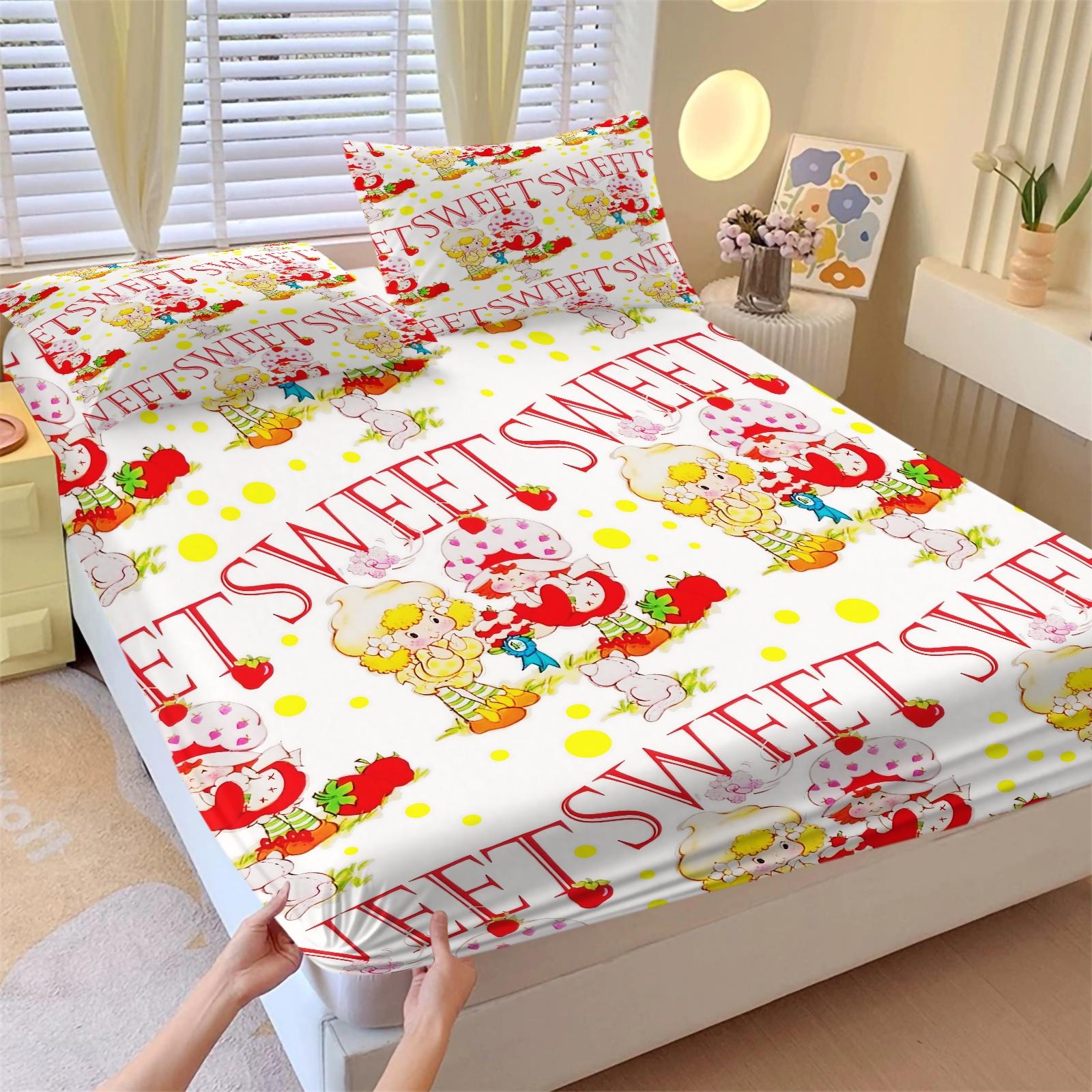 Strawberry Shortcake Gingham Fitted Sheet Set, 1 Fitted Sheet + 2 Pillowcases - 3 Pcs Soft Breathable Bedding with Deep Pocket, 360° All-Round Wrap, Wrinkle Resistant, Cute Strawberry Cartoon Bed Sheets for Girls Bedroom Decor, Full Size