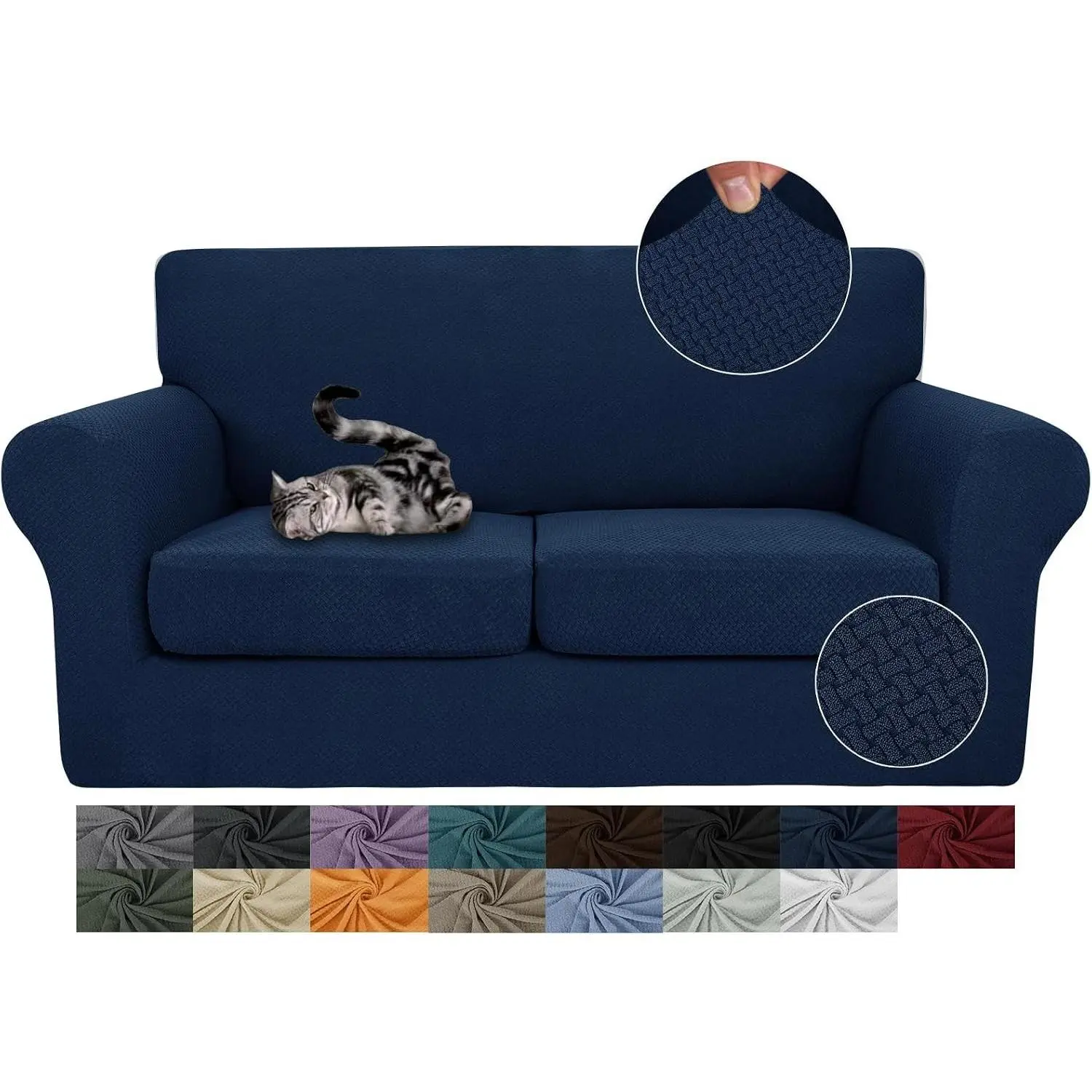 3 Pieces Stretch Couch Covers for 2 Cushion Couch Fitted Thick Loveseat Sofa Slipcover with 2 Seat Cushion Covers for Living Room Pet Dogs (Loveseat, Navy Blue)