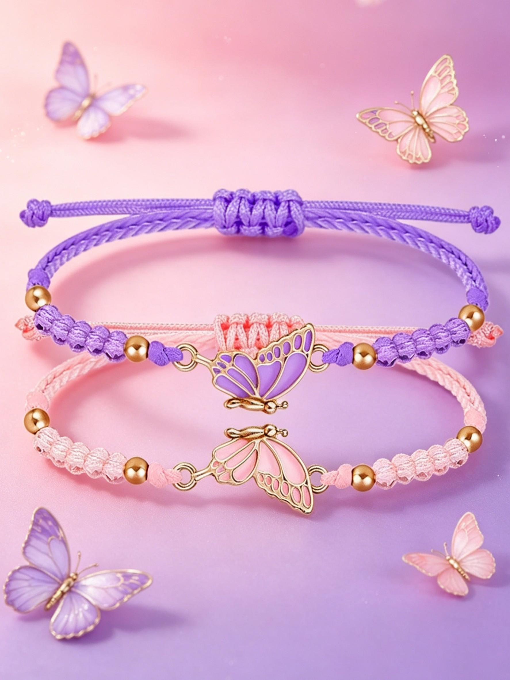 Pack of 2 Butterfly Friendship Bracelets, Adjustable BFF Friendship Bracelets, Butterfly Bracelets, Friendship Bracelets, Butterfly for Best Friends, Handmade Charm Jewelry Gifts for Women BFF, Stackable Bracelet