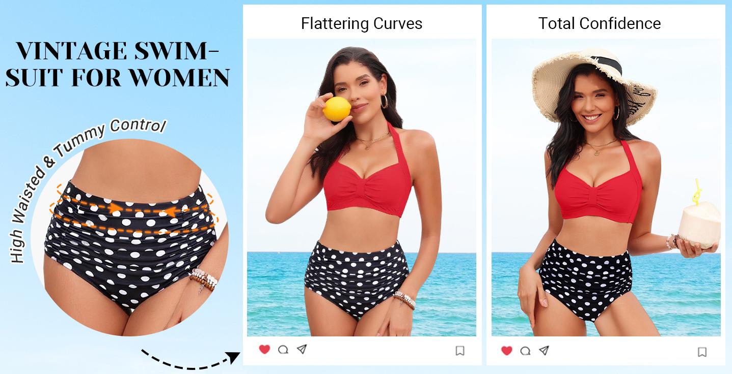 Holipick Women High Waisted Bikini Set Two Piece Tummy Control Swimsuit Halter Top with Bottom Bathing Suit Plus Size Swimsuit for Women Vintage Swimwear Ruffle Swimsuits