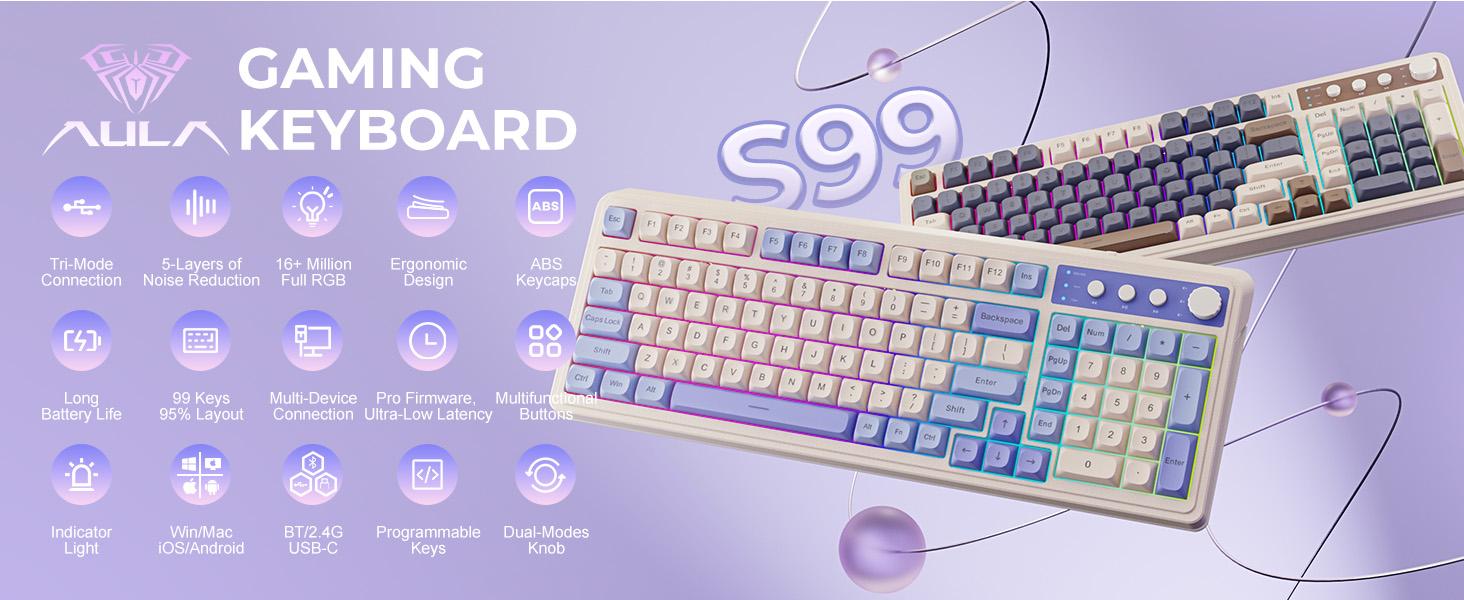 【TOP】AULA S99 Key Keyboard, Tri-Mode Bluetooth/2.4GHz/USB-C Cute Creamy Gaming Keyboard with Number Pad RGB Backlit, Media Knob Custom Mechanical Feel Computer Keyboard for MAC Xbox PC Gamer -Fixed Keycaps & Switches (Non-Replaceable)
