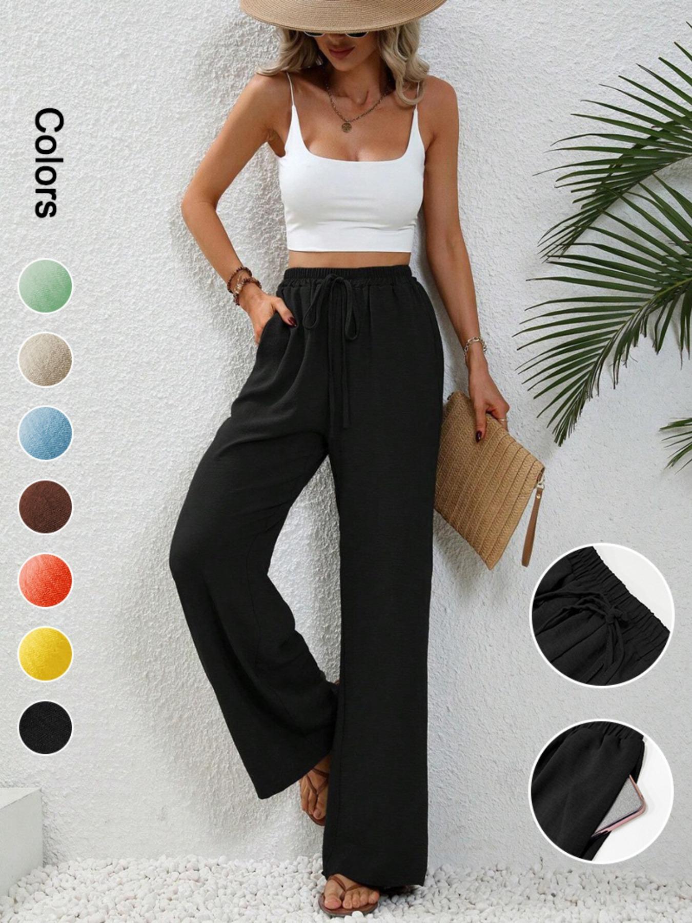 Women's Plain Pocket Tie Front Adjustable Elastic Waist Straight Leg Pants, Casual High Waist Wide Leg Trousers for Daily Wear, Ladies Bottoms for All Seasons, Baggy Pants