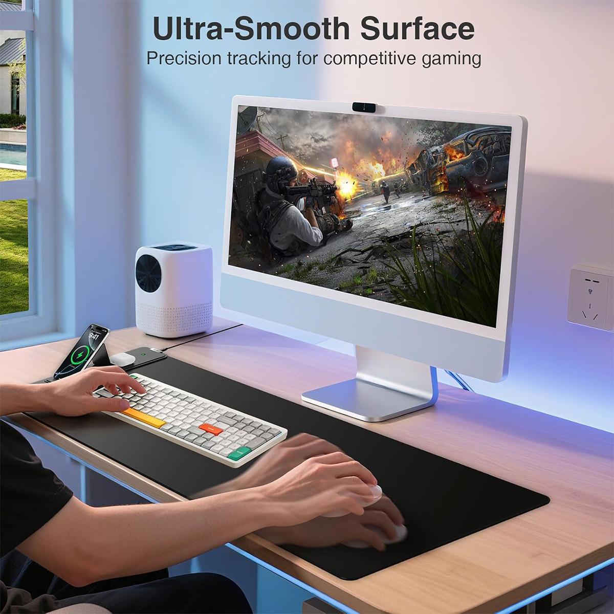 15W Wireless Charging Mouse Pad with Foldable Phone Holder, 31.5"x15.8" Extended Desk Mat for Laptop/Keyboard, Waterproof Ultra-Smooth Surface, Non-Slip Base,back to school,back to school shopping