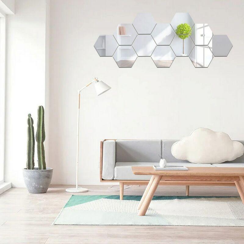 12Pcs Hexagon Acrylic Mirror Wall Stickers, 3D Self-Adhesive DIY Hexagonal Mirror Wall Decals, Modern Minimalist Nordic Style Shatterproof Wall Art Decor for Living Room Bedroom, Make Room Look Bigger, Easy Install
