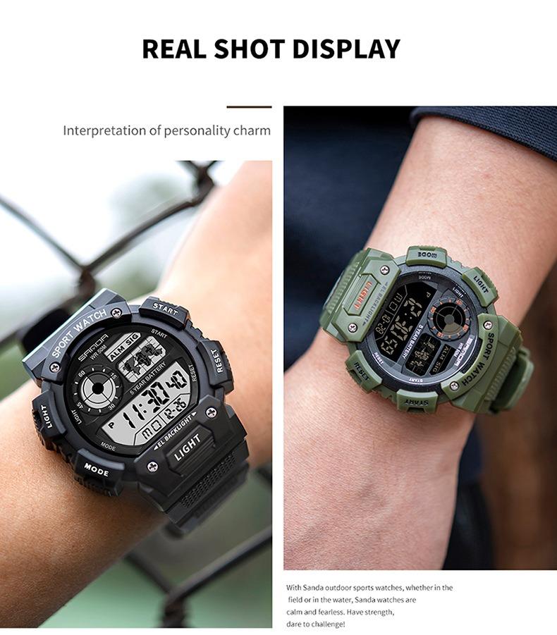 Sanda Fashion Waterproof Digital Watch for Youth, Dual Time, Stopwatch, Alarm, Luminous, Week Date, 12/24h, Casual Style, All Seasons