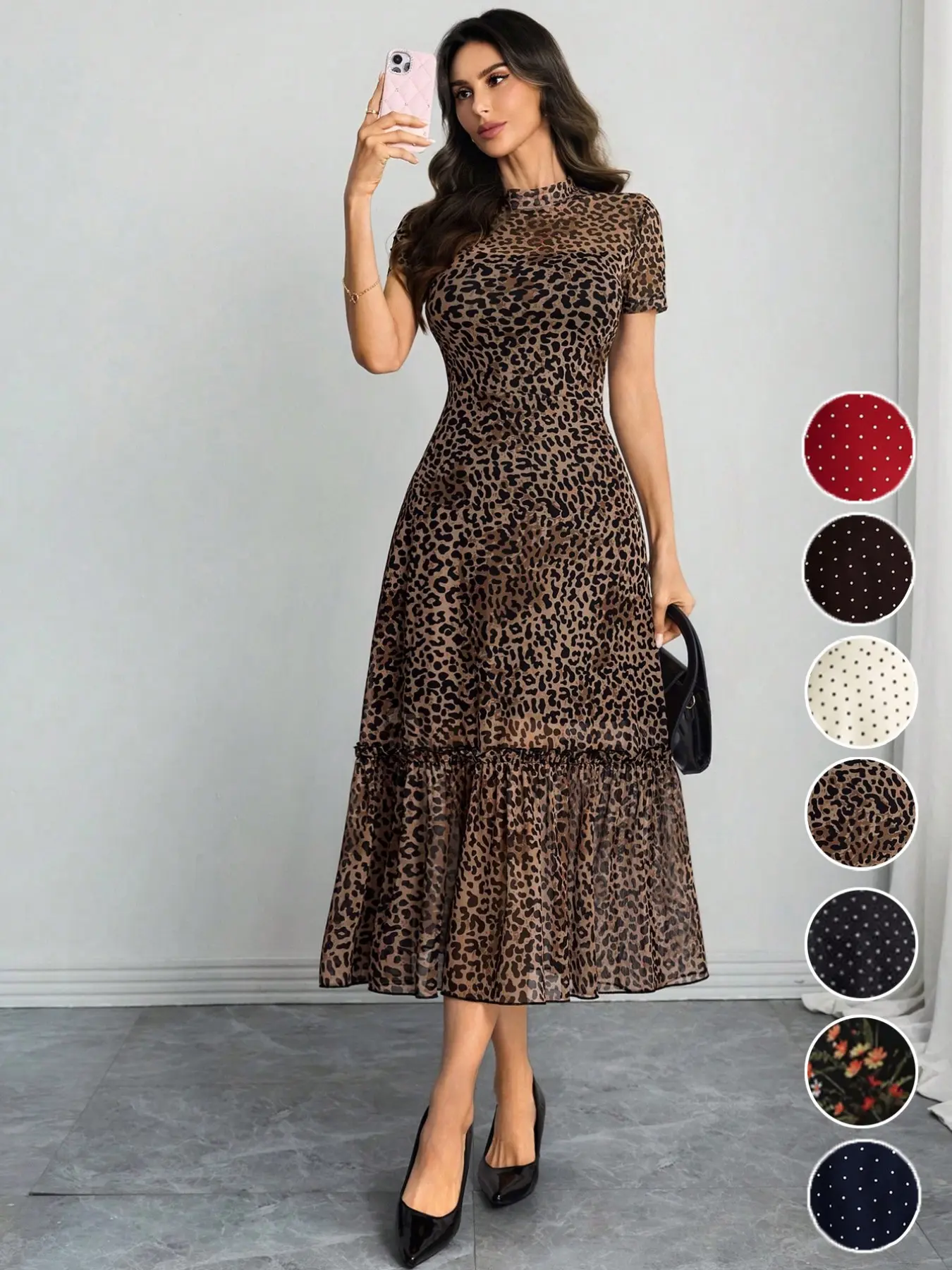 Women's Sexy Leopard Print Elegant Round Neck Mesh Skirt Dress, Stylish Casual Fashion, Perfect for Parties and Daily Wear