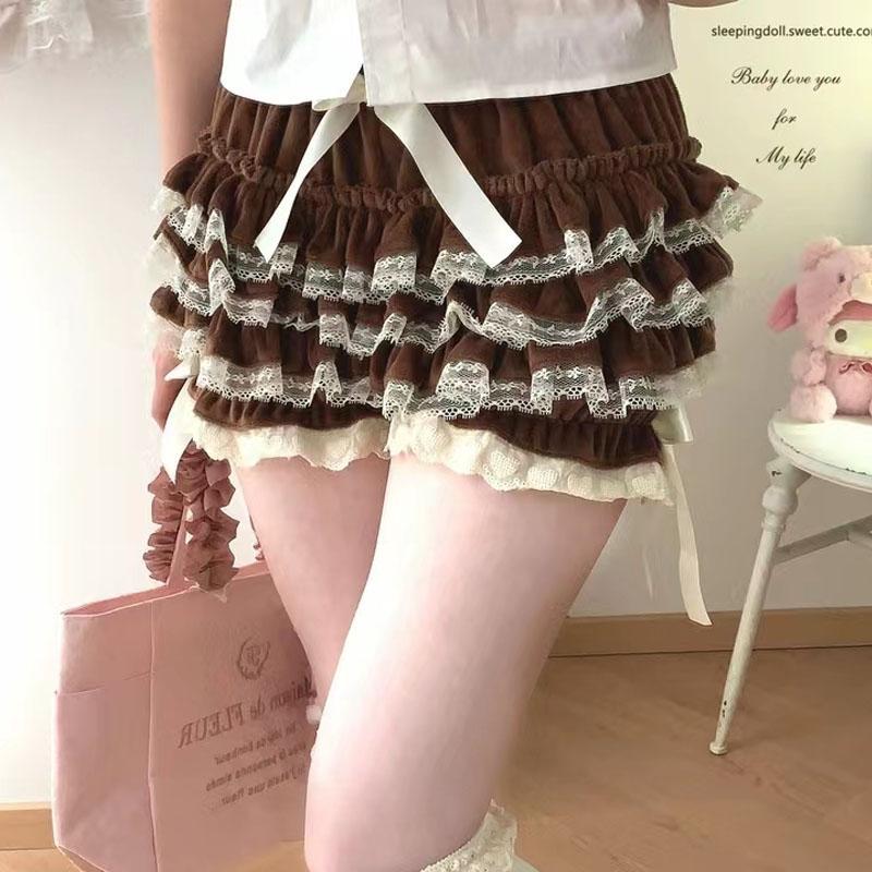 Autumn Winter Warm Lolita Safety Short Pants Women Sweet Chic Plush Bloomers Japanese Y2k Lace Bow Knickers Harajuku Cute Shorts