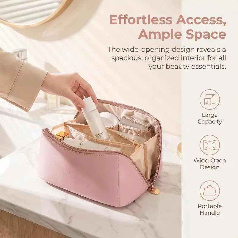 Large travel makeup organizer bag—portable, wide-opening, and spacious—ideal for storing skincare and beauty products; suitable for daily use and vacation travel.