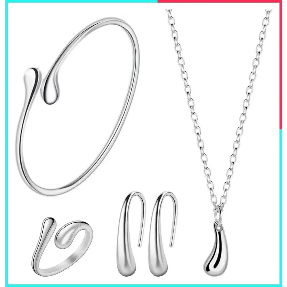 Teardrop Silver 4-Piece Jewelry Set for Women - Necklace, Earrings, Bracelet & Ring, Hypoallergenic Nickel-Free, Wedding & Anniversary Gift
