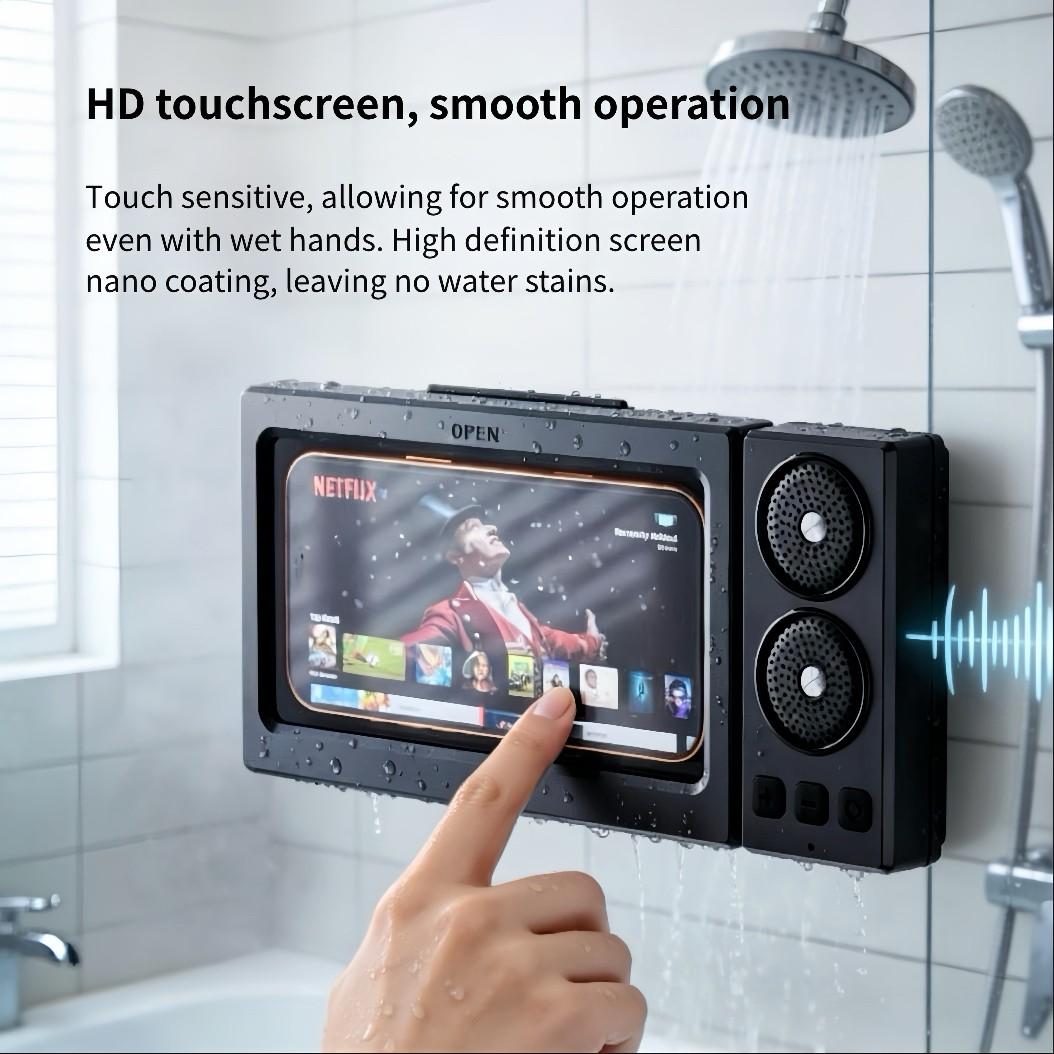 Waterproof box speaker, bathroom waterproof 360 ° rotating touch screen, Bluetooth speaker, watch movies, listen to music, phone holder Bluetooth speaker audio shower TV holder, swimming pool, kitchen, bathroom, sink