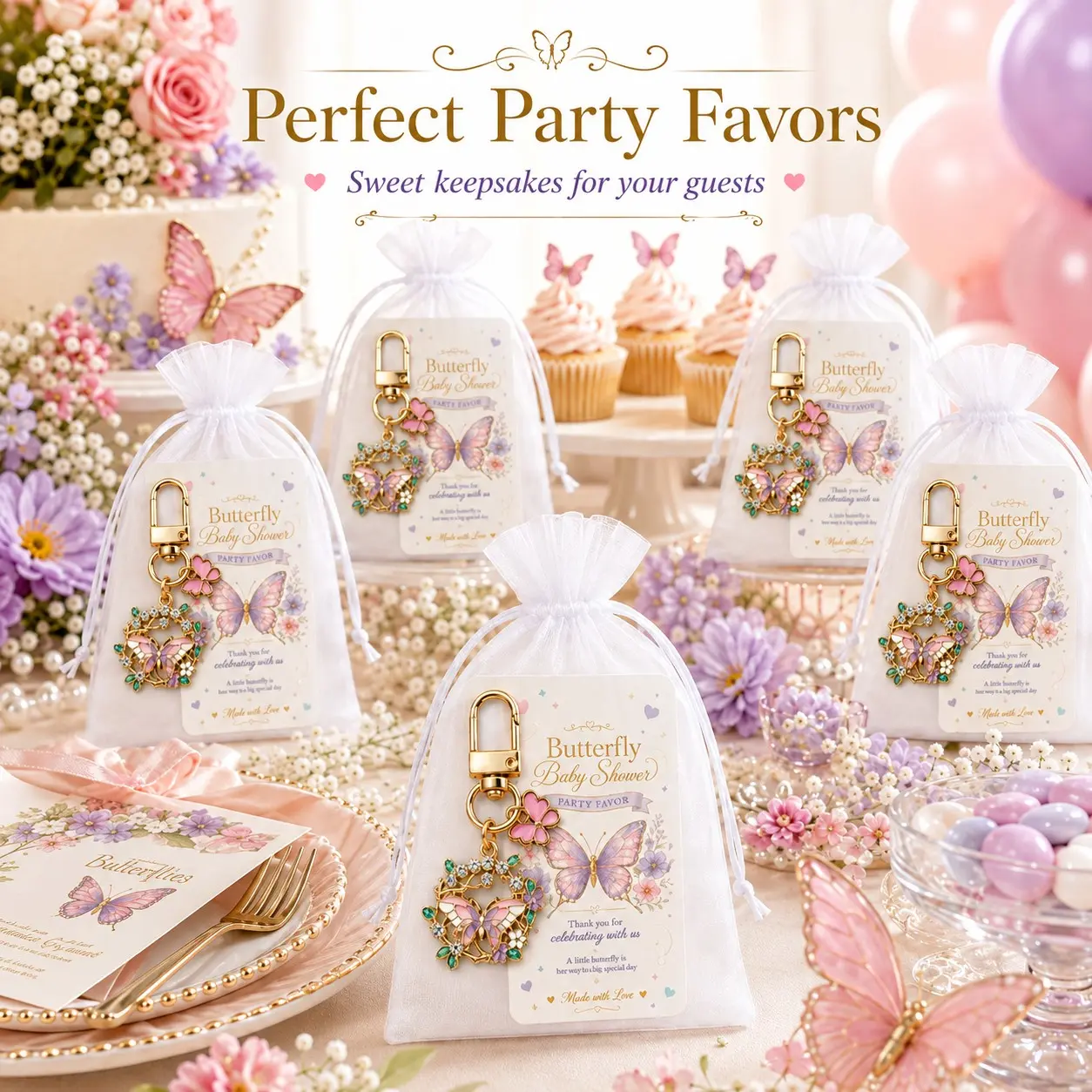 10/20 Sets Baby Shower Favors Gift Kit for Guests, Pink Floral Butterfly Keychains with White Organza Gift Bags and Thank You Cards, A Little Butterfly Is on the Way Party Gifts, Baptism and Christening Favors