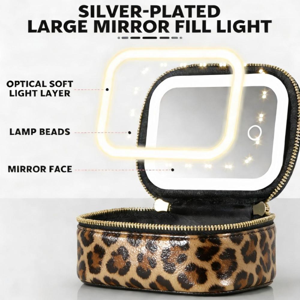 Leopard Print PU Leather Jewelry Display Case with LED Light Mirror Waterproof Makeup Organizer Luxury Cosmetic Storage Box for Home Travel