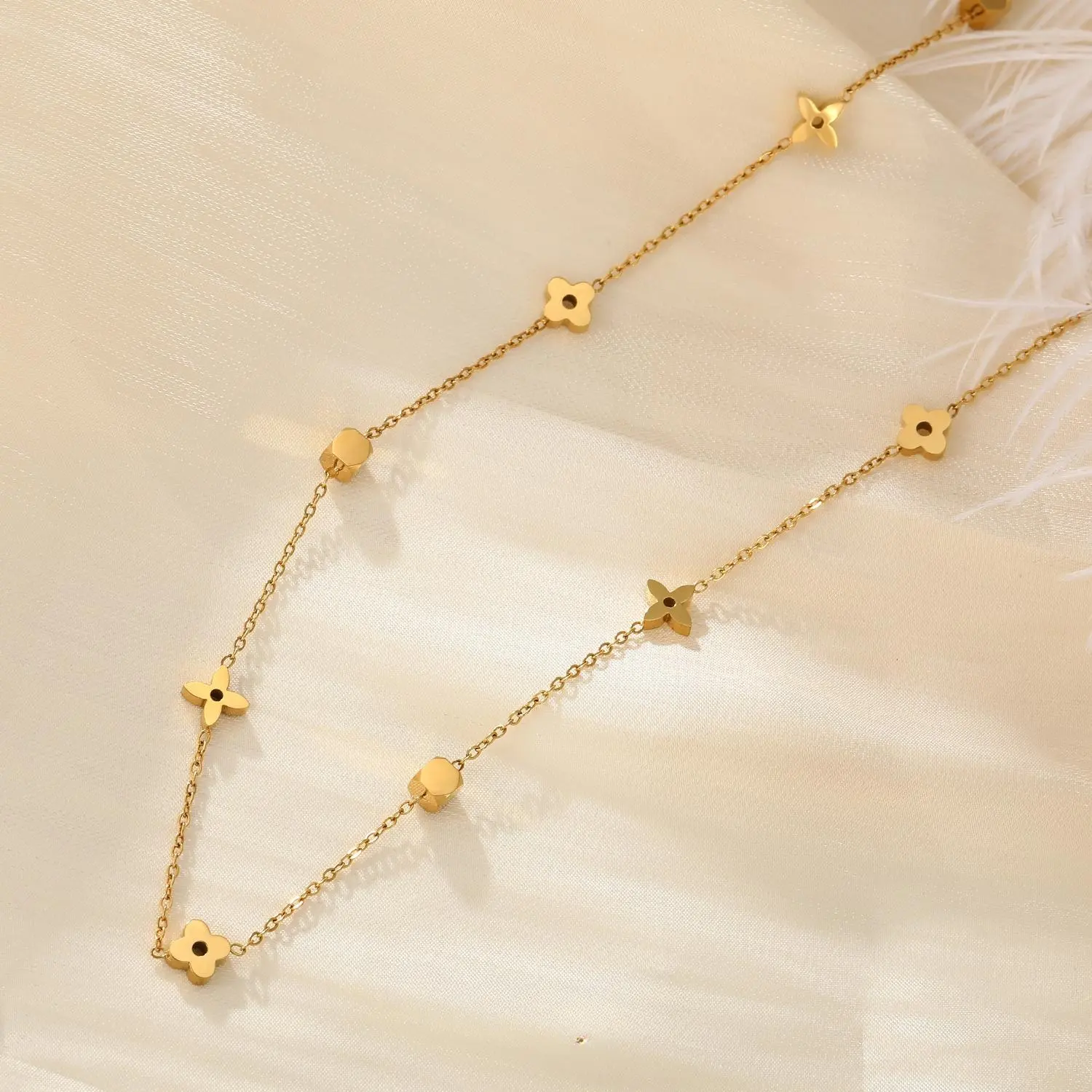 September Laurel  Gold Clover Flower Station Necklace - Dainty Designer Style Motif Chain - Hypoallergenic Adjustable UK Local Stock Fast Dispatch