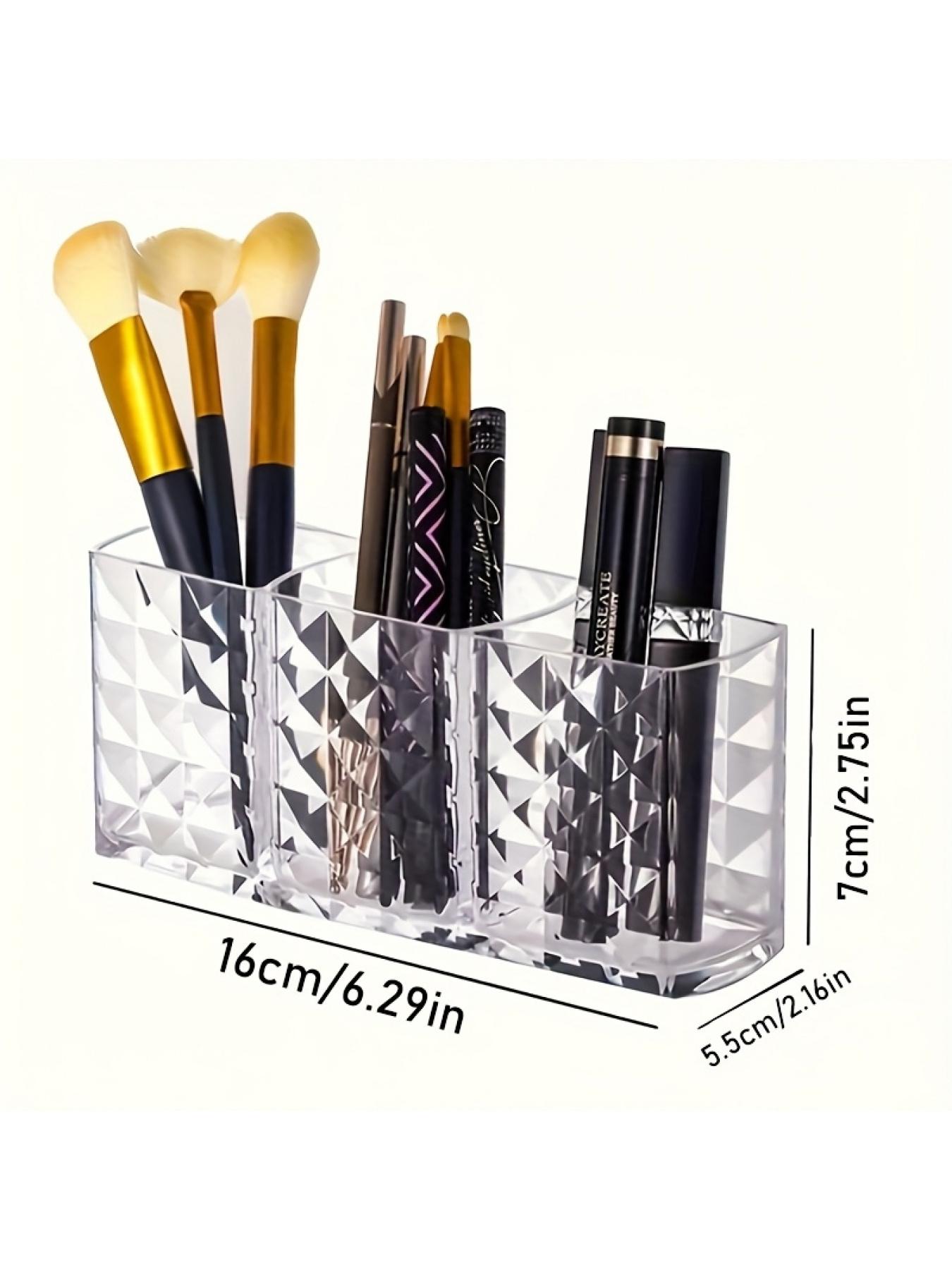 Large Capacity Clear Divided Makeup Brush Organizer - No Assembly Required, Lightweight Stable Base, Geometric Pattern Polished Surface, Storage for Lipsticks, Eyeshadows, Cosmetics & Skincare, Perfect for Vanity & Bathroom Countertop