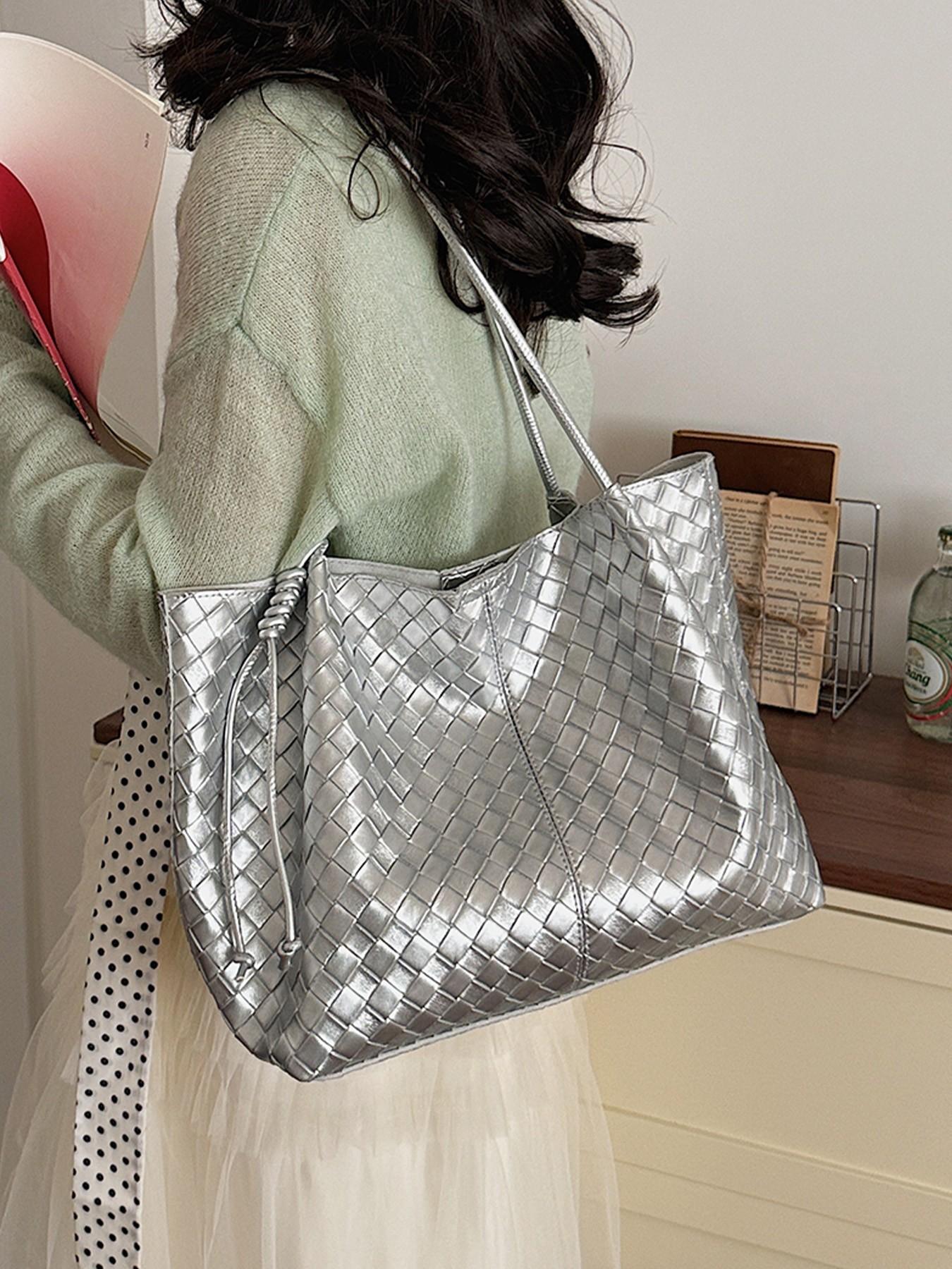 1pc Knitted pattern tote bag for women, large capacity diamond patterned shoulder bag, included with lazy and relaxed shopping bag, essential for women's commuting armpit bag