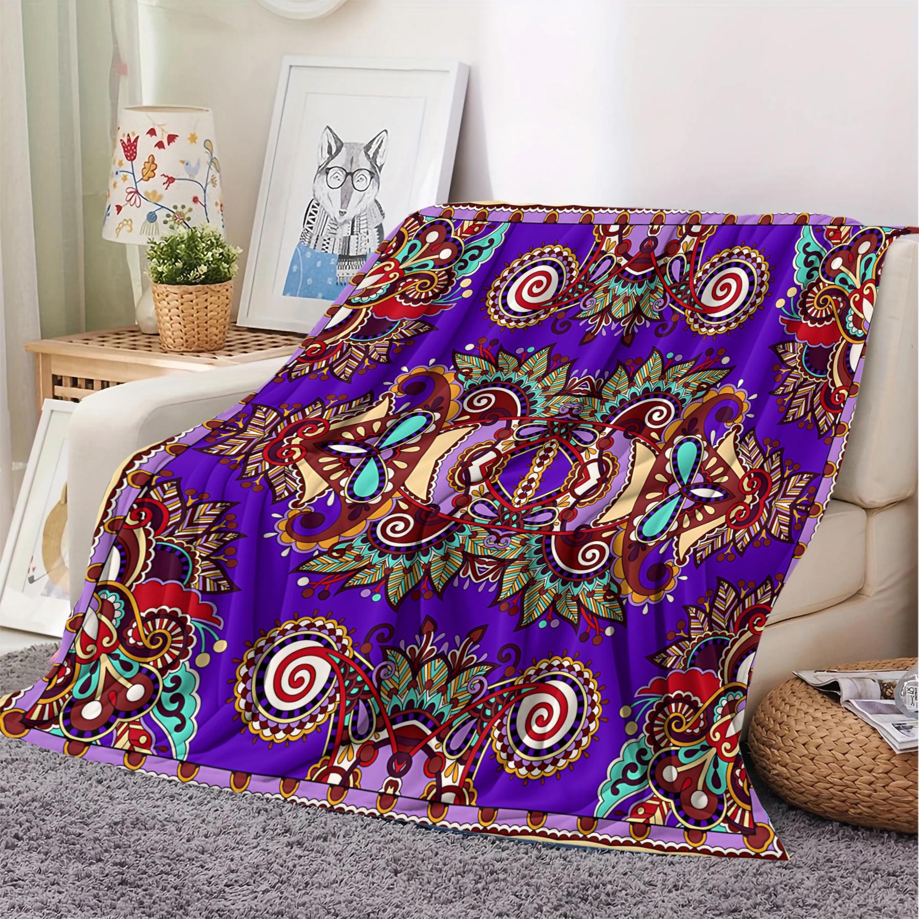 1Pcs Boho Paisley Digital Print Flannel Blanket, Vibrant Ethnic Style Throw Blanket, Ultra-Soft Cozy Warm Blanket, All-Season Decorative Gift Blanket, Perfect for Bedroom, Sofa, Couch, Camping, Travel, Dorm Decor
