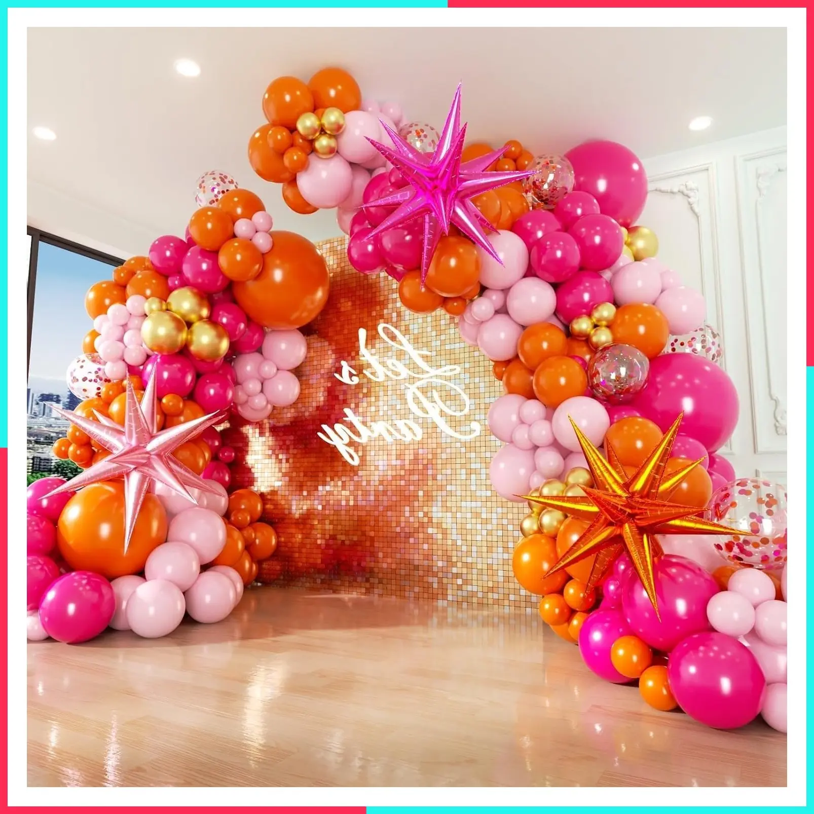 130pcs Pink and Orange Balloon Arch Kit with Metallic Gold Confetti Balloons