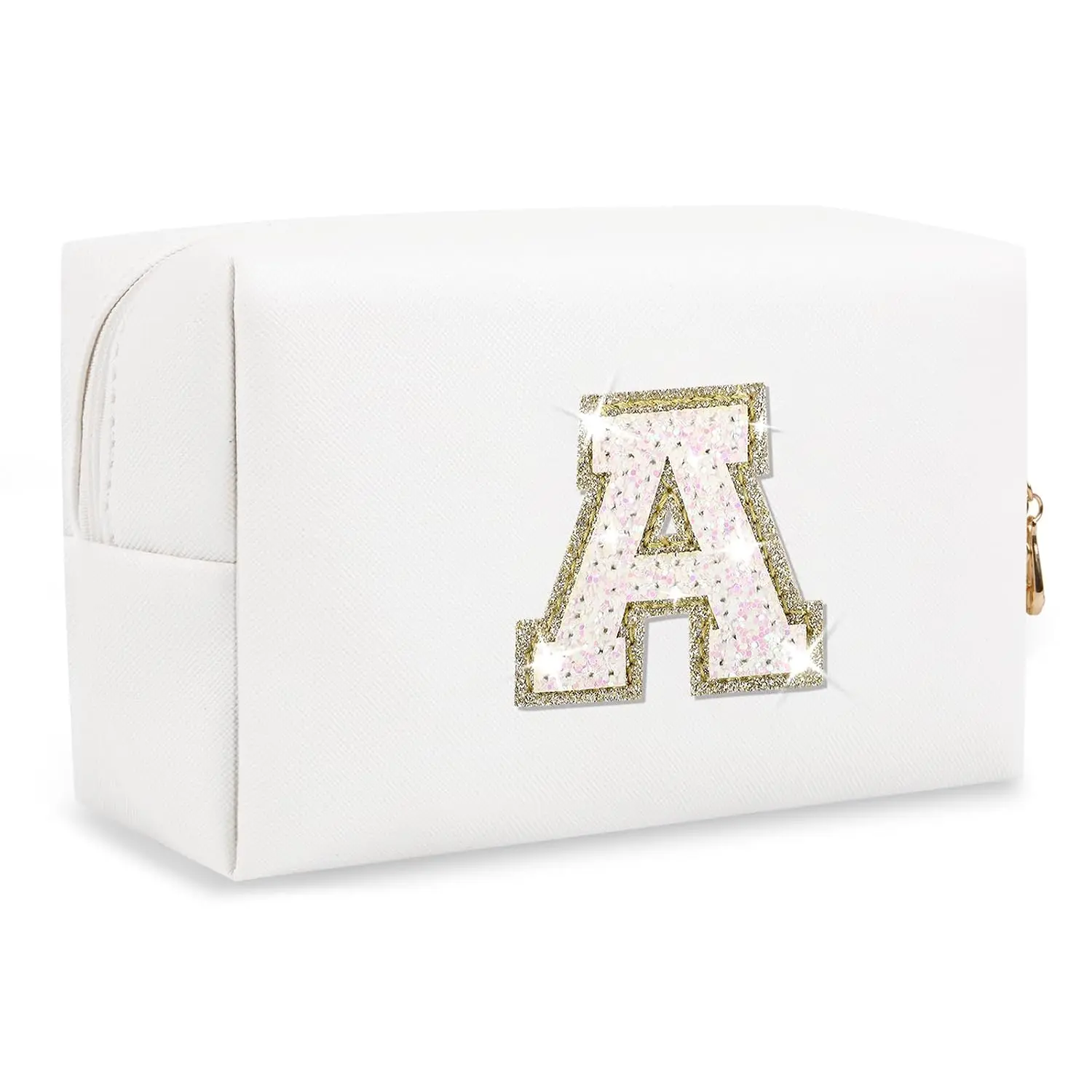 Small Initial Patch Makeup Bag Personalized Gifts Make Up Bag,White Cute PU Leather Glitter Letter Cosmetic Bag with Zipper,Trendy Portable Travel Toiletry Pouch,Preppy Stuff for Teen Girls Women A