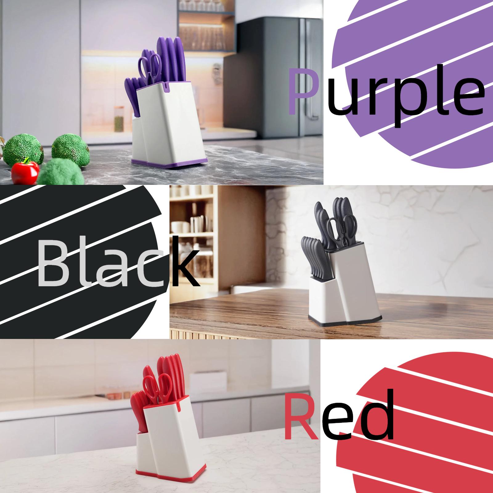 15 Pieces, Knife Set, Plastic Handle, Plastic Storage Holder,  Scissors, with Sharpener, Meat and Vegetable Cutter, Steak Cutter, Washable, Gift Set Utensils Modern Kitchen Container