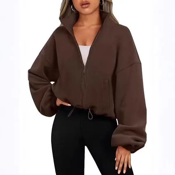 Women's Autumn Winter Fleece Jacket, Basic Stand Collar Zipper Pocket Design, Adjustable Drawstring, Casual Warm Loose Short Coat for Ladies, Daily Wear Outerwear, Loose Jackets