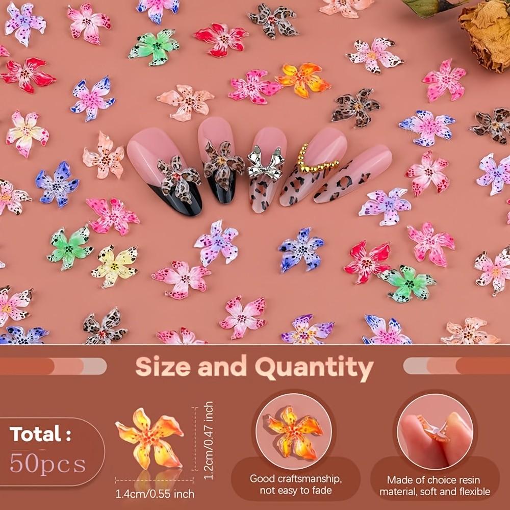 50 Resin Flower Nail Art Decorations, 1.2-1.4cm, Soft Elastic, Vibrant Colors, Leopard Print, Non-Fading 3D Nail Accessories, DIY, Salon, Home Use