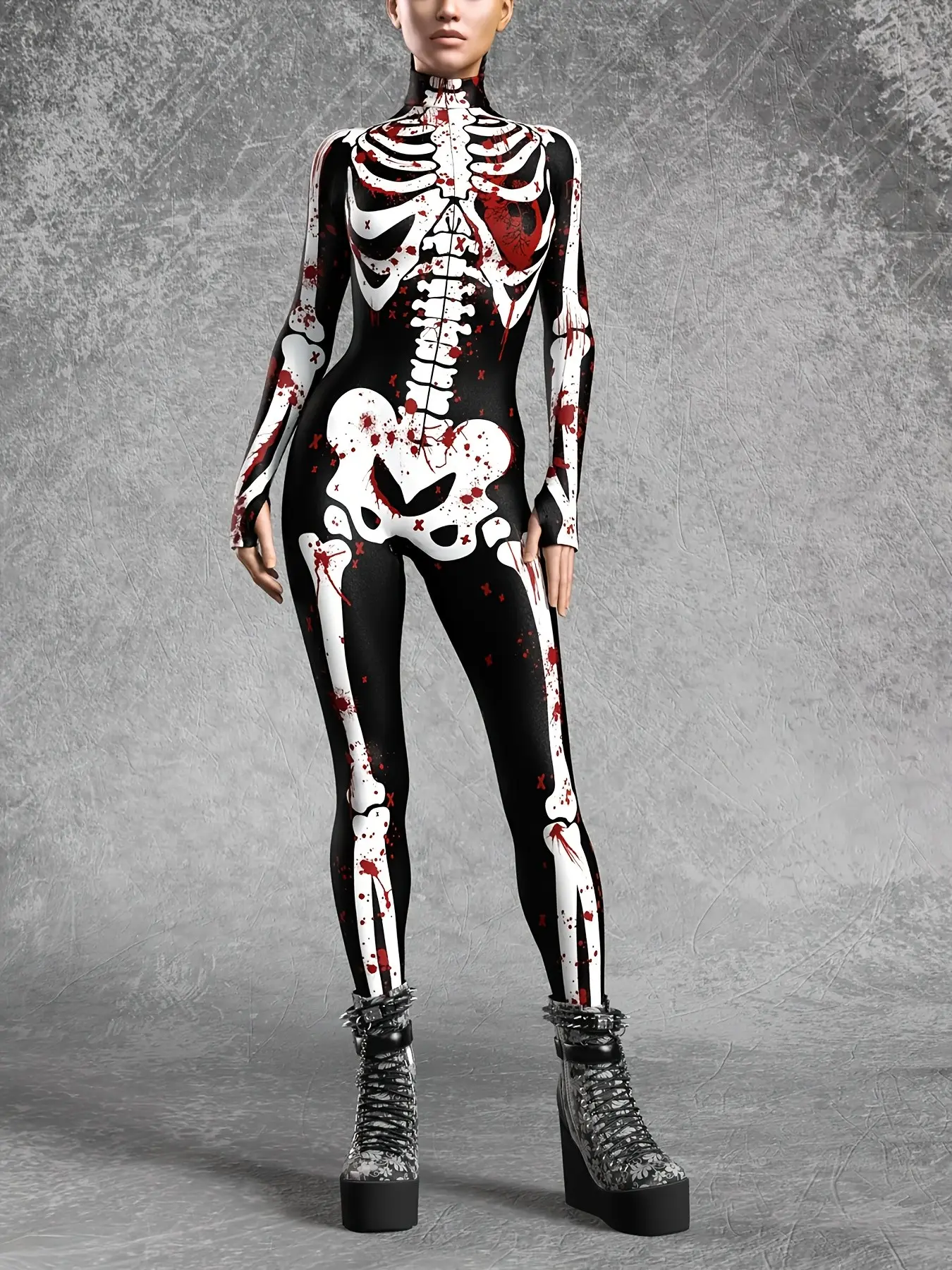 Easter Halloween Bloody Skull Bodysuit Women Dark Skeleton Tight Fit Party Cosplay Costume, Horror Ghost Bride Performance