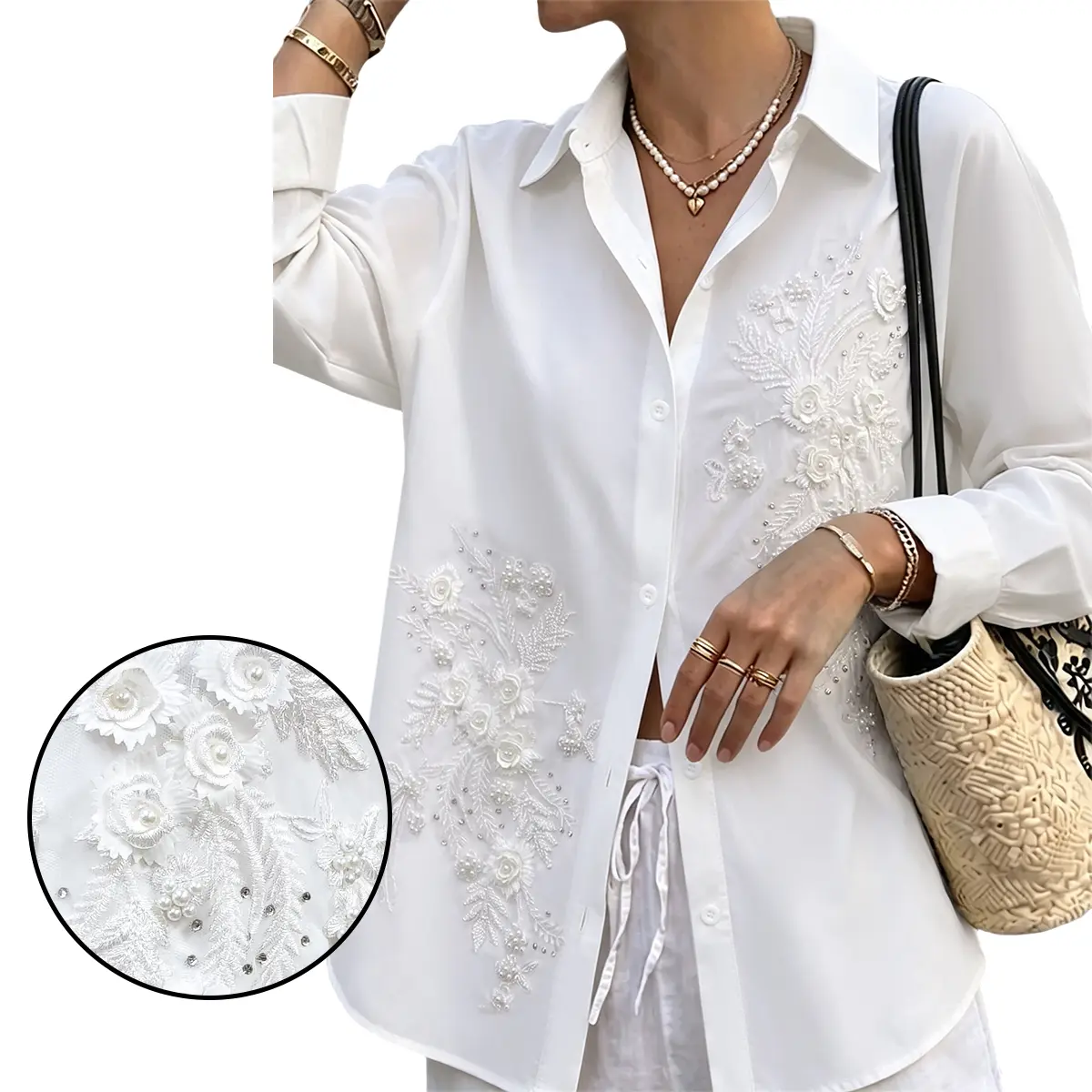Women White Collared Button Down Shirt 3D Floral Embroidery Pearl Beaded Decor Long Sleeve Casual Elegant Dressy Office Blouse