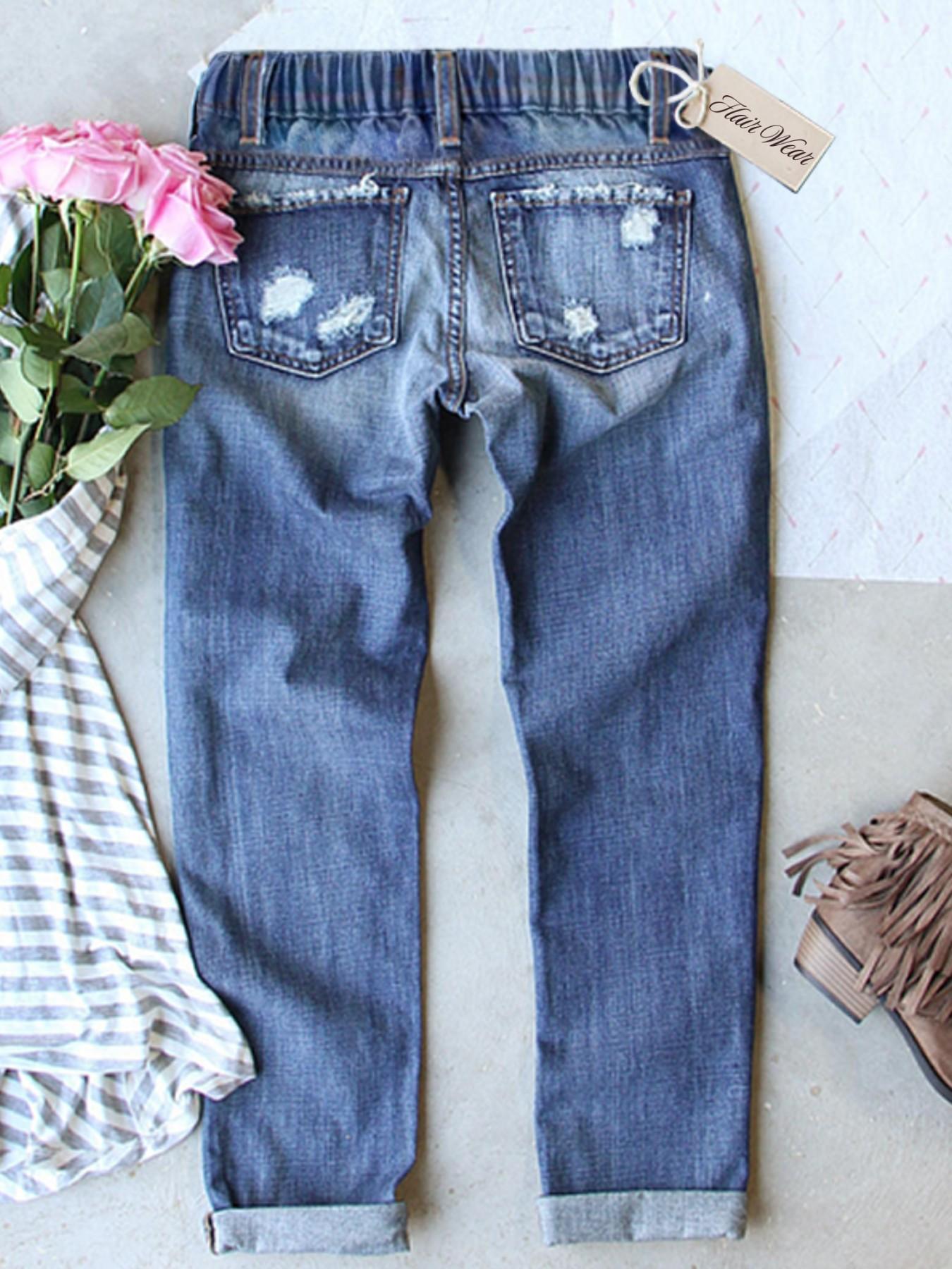 Women's Patch Ripped Distressed Mid-Waist Boyfriend Fit Washed Cute Floral Print Loose Denim Jeans Elastic Waistband Breathable Comfy for All Seasons