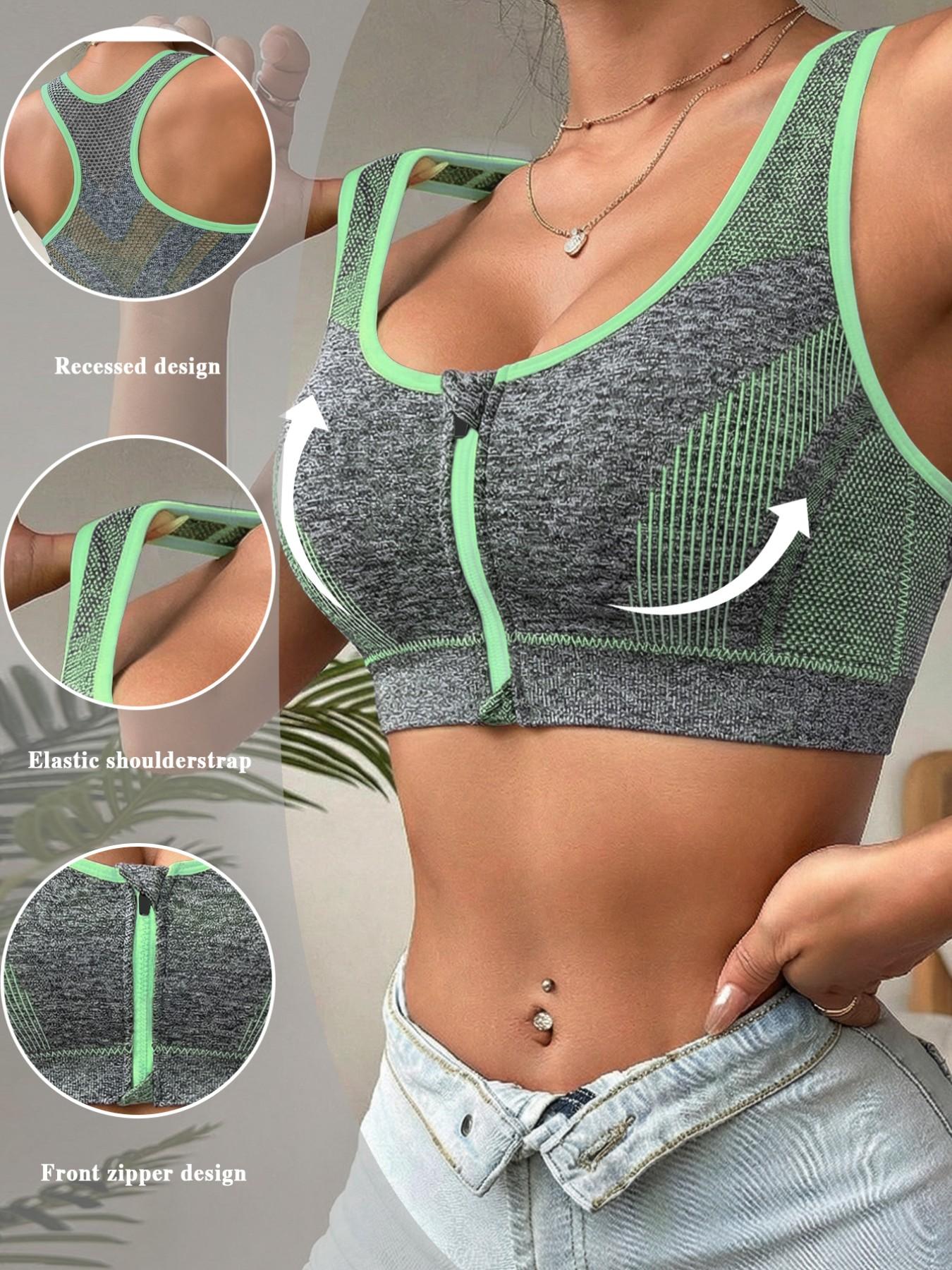 Women's Plus Size Front Zip Sports Bra, High Impact Push Up Wireless Bra, Breathable Mesh Racerback Workout Yoga Bra for Gym Fitness Running Women Workout Clothes