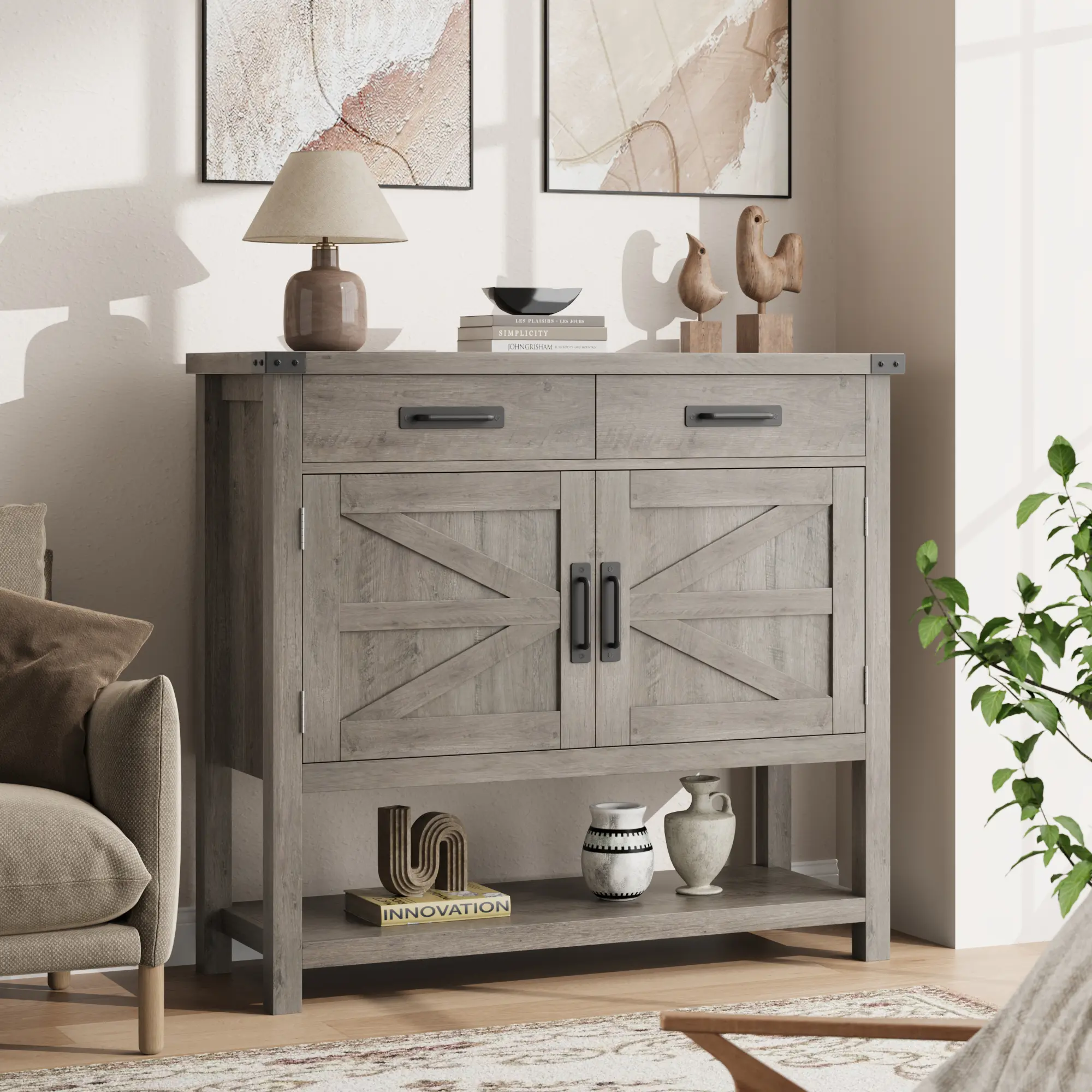 Hosslly Rectangular Farmhouse Console Table - 2-Door Cabinet, 2-Drawer, Storage Shelf Entryway Furniture, Buffet Sideboard for Living Room, Kitchen, Grey