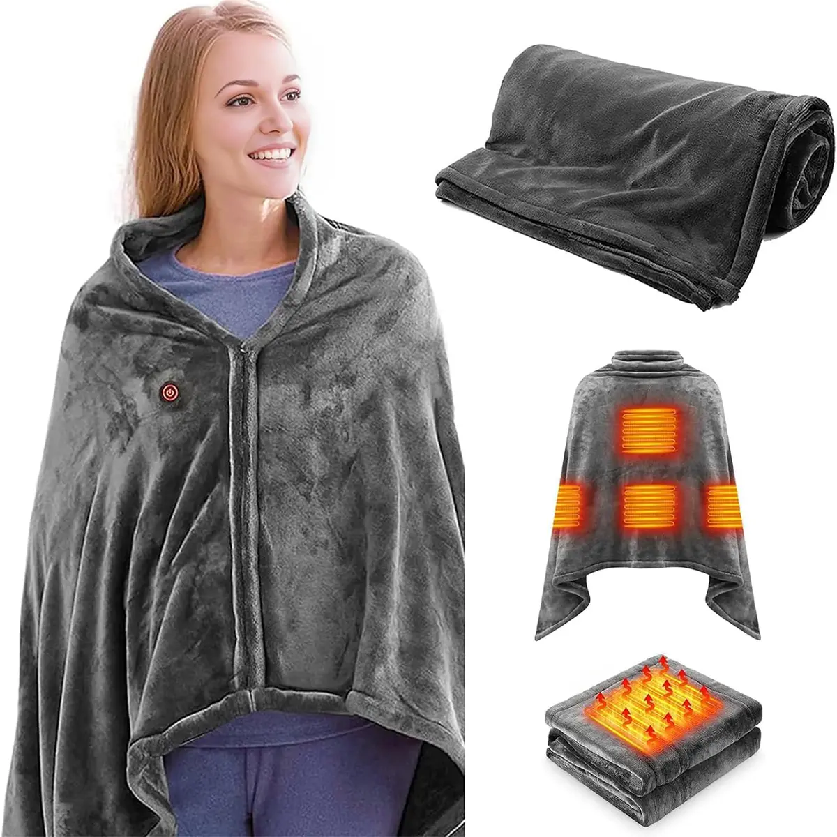 Heated Shawl Blanket – Rapid Heating, 3-Speed Temperature Control (40-60°C), 6-Hour Auto Shutoff, USB Low Voltage (≤7W), Flannel Skin-Friendly, Zippered Sleeve Design, 85×150cm, for Office Home Travel Car, Christmas Gift (Power Bank Not Included)
