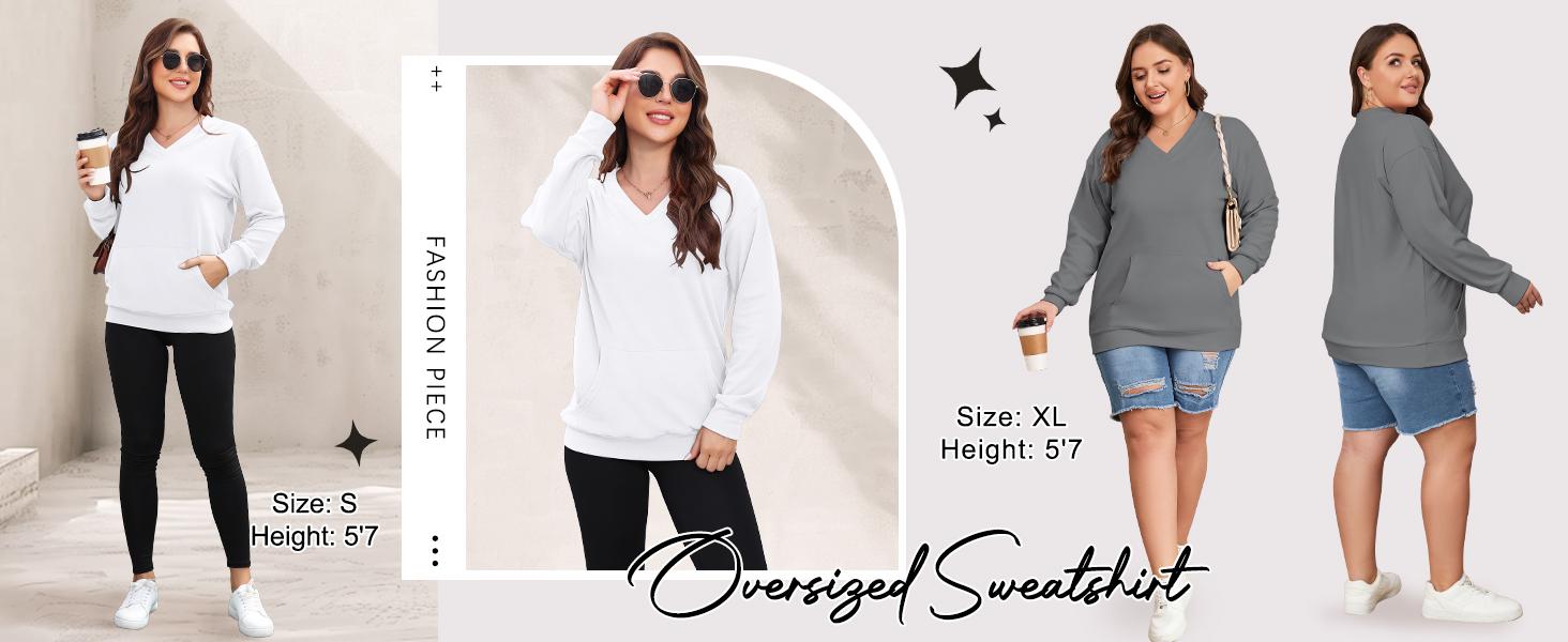 AUSELILY Women's Hoodless V-neck Sweatshirt With Kangaroo Pocket  Fleece Longsleeve Oversized Casual Style Shirt