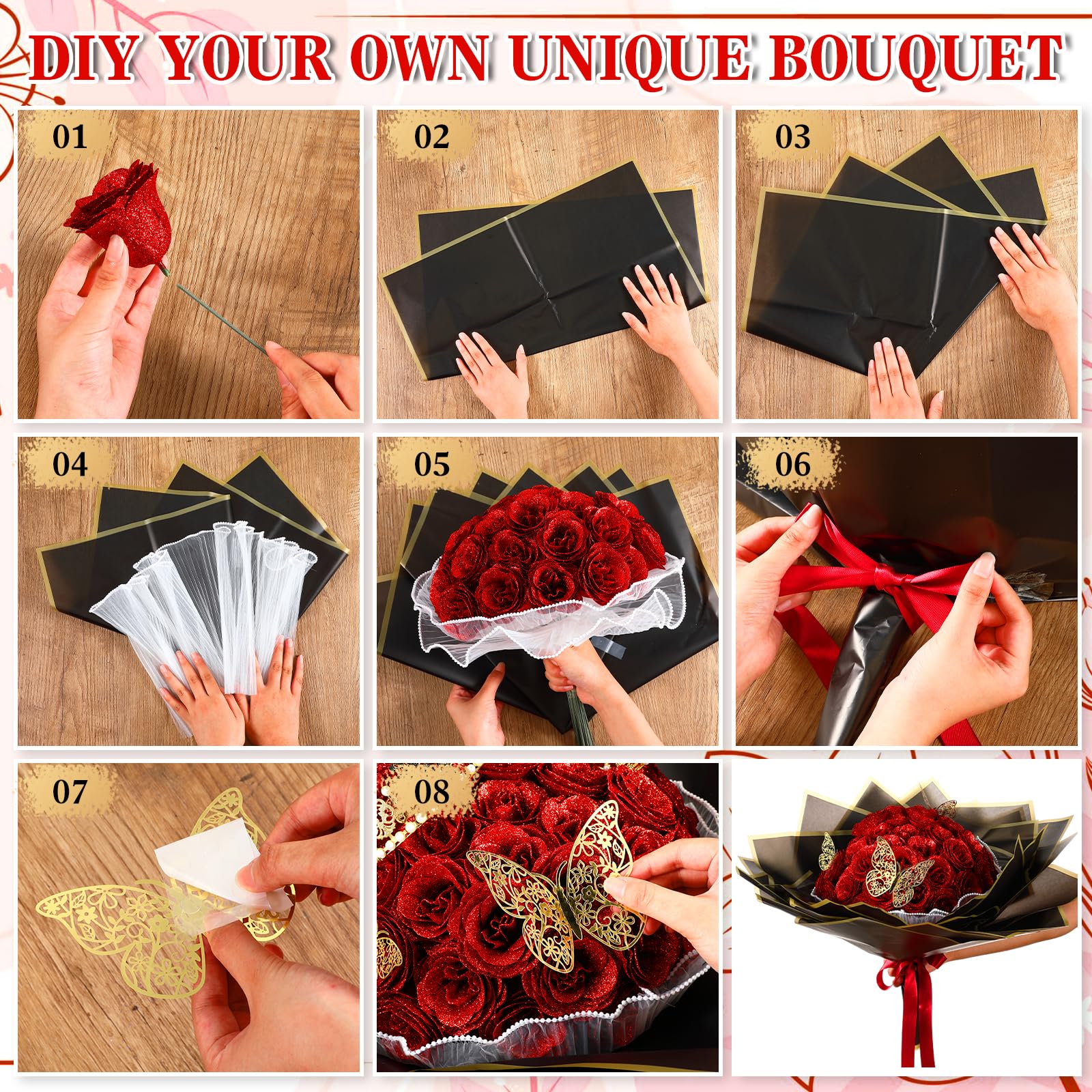 24/36 Pcs Waterproof Glitter Fake Roses Bouquet Set, DIY Decor with 3D Butterflies, Crowns, Alphabet Stickers & Ribbons, Gifts for Girlfriend, Home Decorative Flowers for Birthday, Anniversary, Water Proof, Butterfly