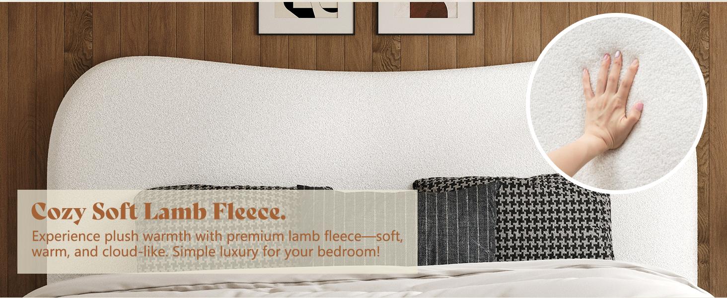 VanAcc Boucle Bed Frames, Upholstered Platform Bed with Curved Shaped Headboard, Soft Rounded Corners, Noise Free, Easy Assembly